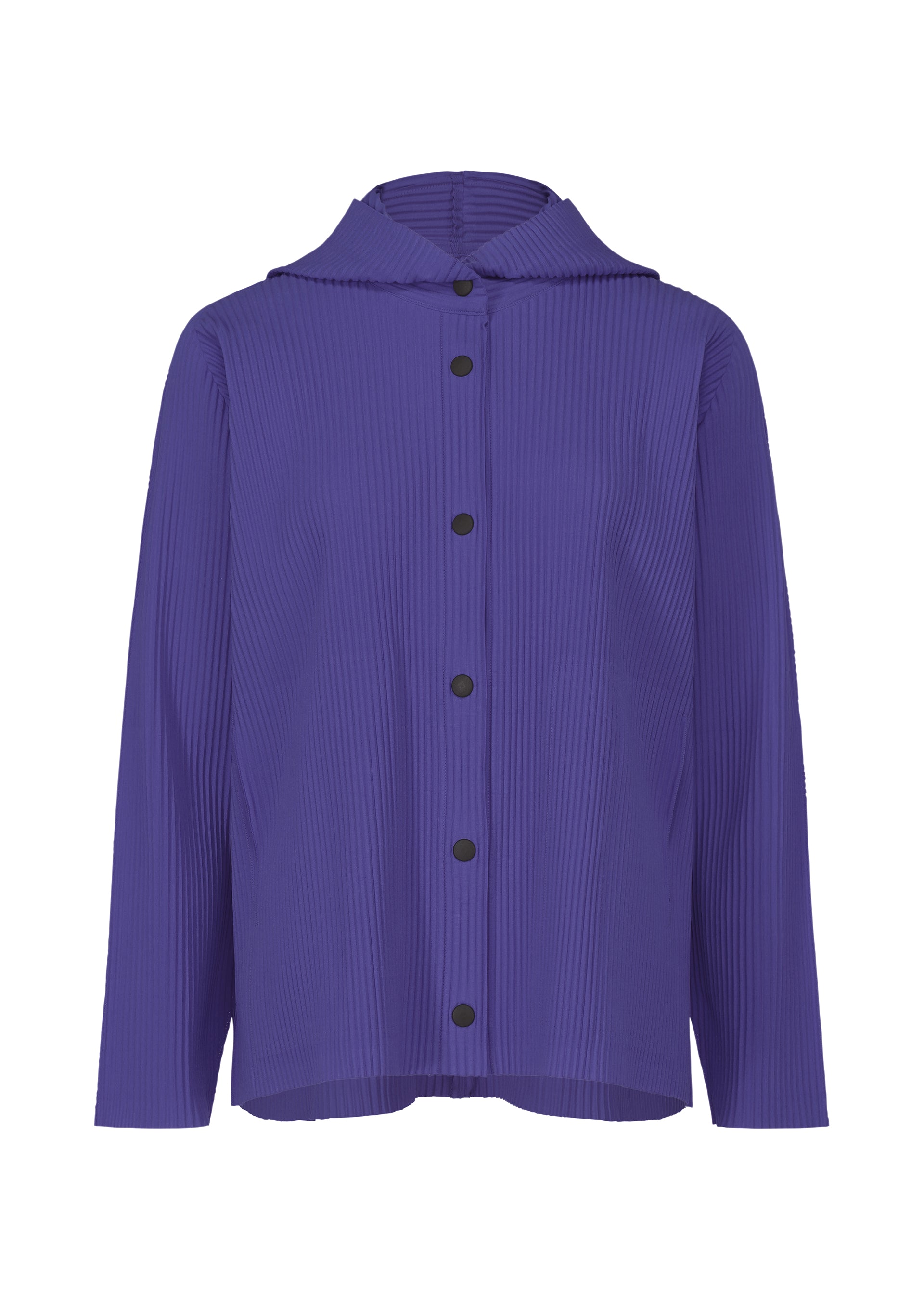 Zoomed view The FINE KNIT PLEATS COLOR 1 by me ISSEY MIYAKE is a solid purple, long-sleeve, hooded shirt with black buttons, crafted from pleated knit fabric. - COBALT BLUE （no.74）