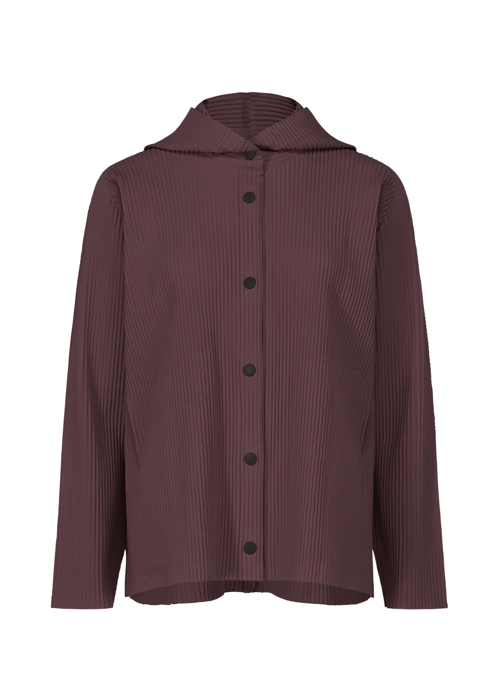 Zoomed view The FINE KNIT PLEATS COLOR 1 by me ISSEY MIYAKE is a lightweight, long-sleeve, hooded shirt in deep maroon with black buttons and a pleated knit texture for a stylish, comfortable look. - BORDEAUX （no.84）