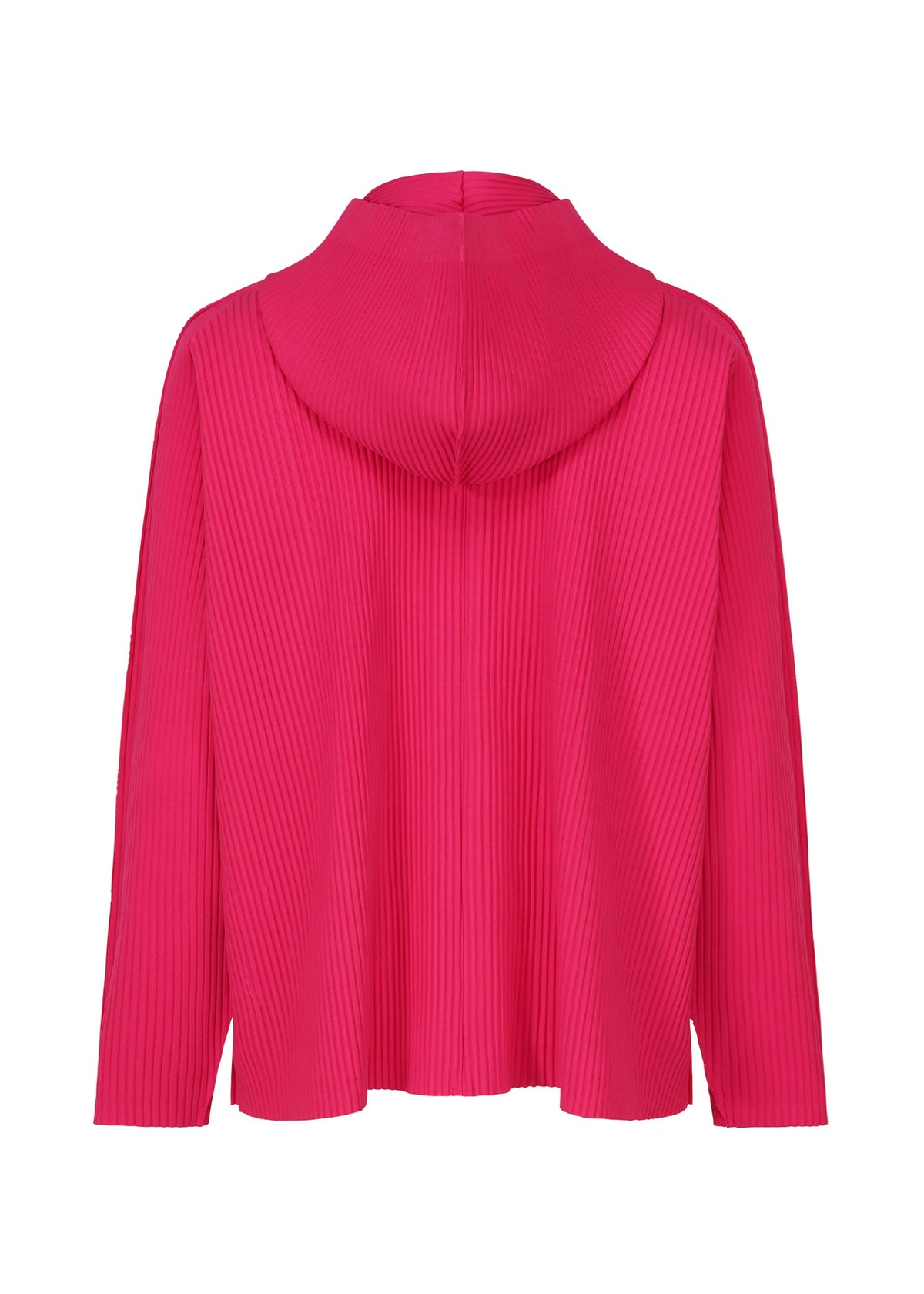 The FINE KNIT PLEATS COLOR 1 hoodie by me ISSEY MIYAKE is a bright pink, lightweight, long-sleeved piece with a relaxed fit and vertical ribbed texture highlighted by fine knit pleats for extra style. view 5 of 9