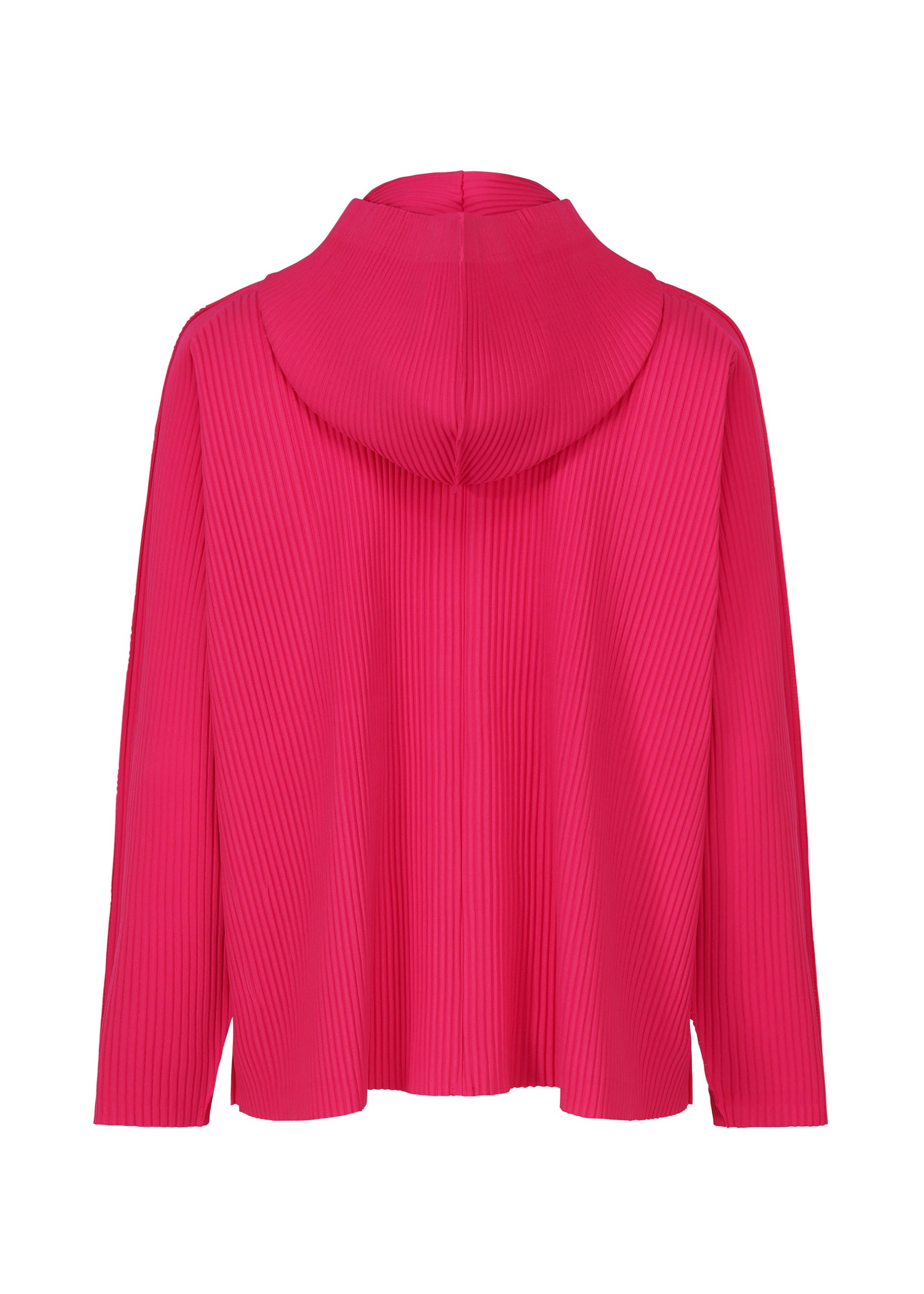 Zoomed view The FINE KNIT PLEATS COLOR 1 hoodie by me ISSEY MIYAKE is a bright pink, lightweight, long-sleeved piece with a relaxed fit and vertical ribbed texture highlighted by fine knit pleats for extra style.