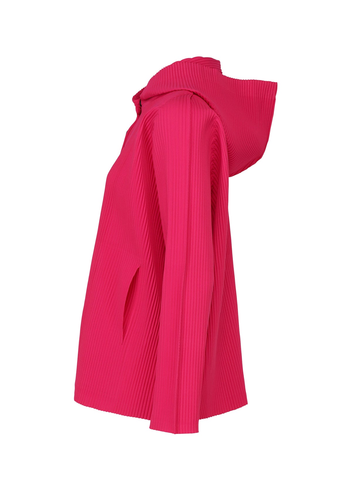 The FINE KNIT PLEATS COLOR 1 by me ISSEY MIYAKE is a bright pink, long-sleeved hoodie with a ribbed texture, two side pockets, fine knit pleats, and a relaxed fit—shown from the side. view 6 of 9