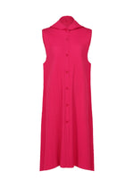 The FLARE PLEATS by me ISSEY MIYAKE is a sleeveless, knee-length dress in bright pink featuring fine knit pleats, a vest-inspired texture, button-down front, and a small collar. - RASPBERRY （no.23）