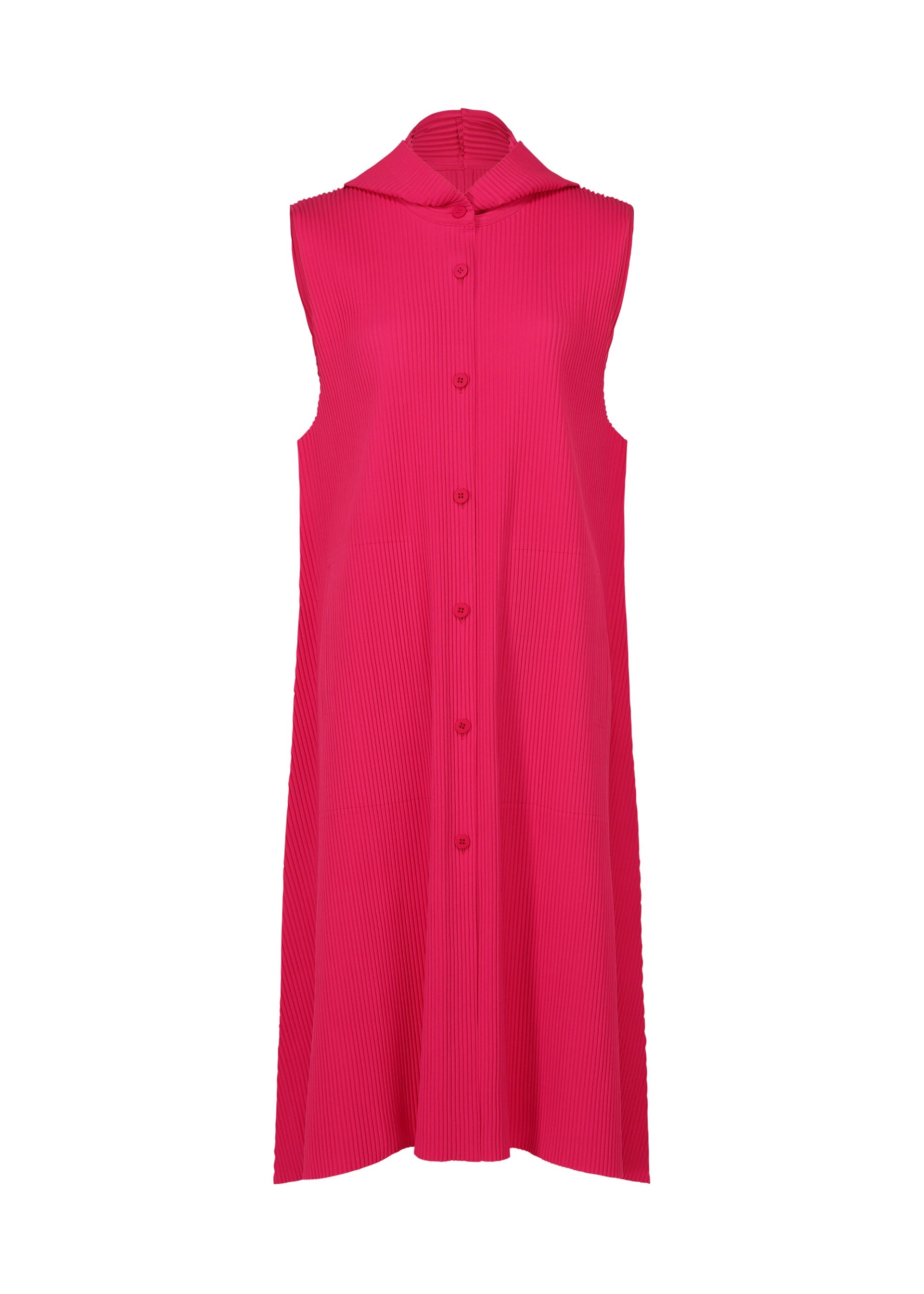 Zoomed view The FLARE PLEATS by me ISSEY MIYAKE is a sleeveless, knee-length dress in bright pink featuring fine knit pleats, a vest-inspired texture, button-down front, and a small collar. - RASPBERRY （no.23）