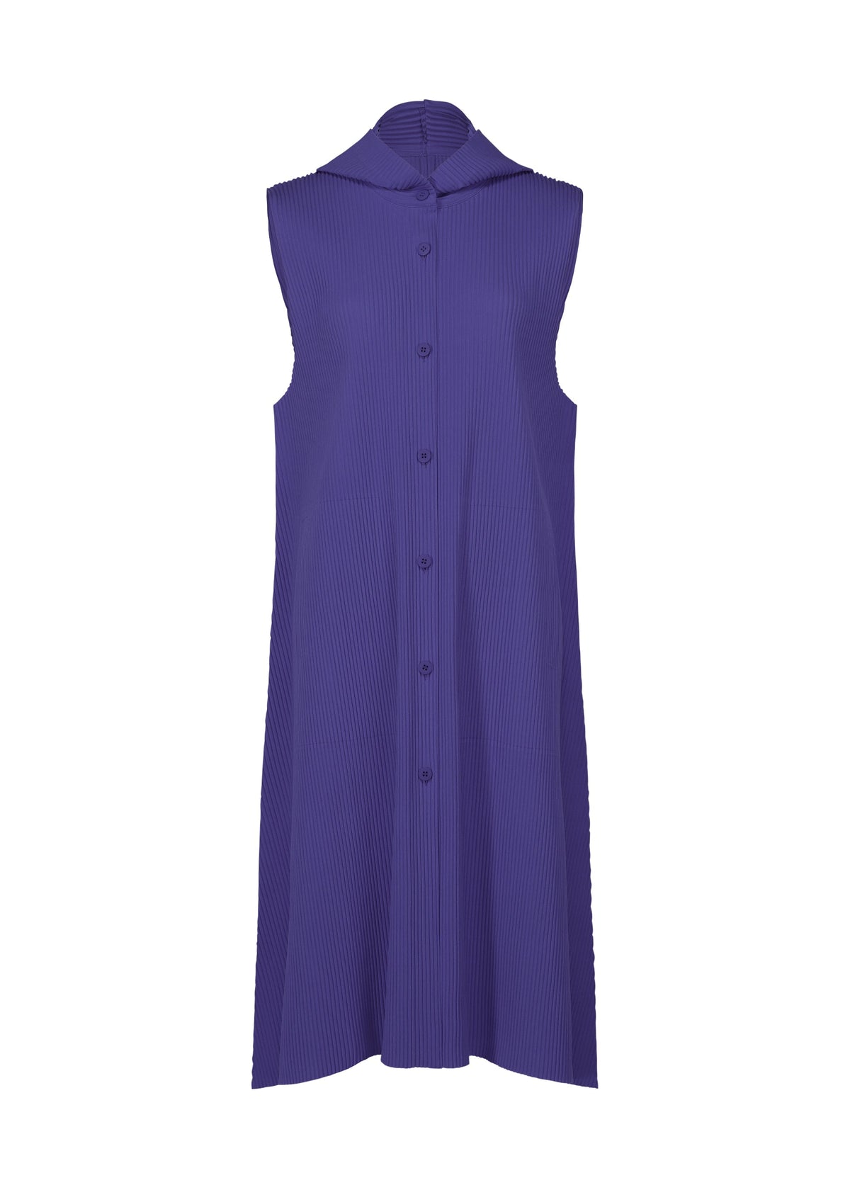 The FLARE PLEATS by me ISSEY MIYAKE is a sleeveless, knee-length purple dress with a pointed collar, front buttons, and fine knit pleats. It features a loose A-line fit and has no visible patterns or embellishments. view 3 of 8
