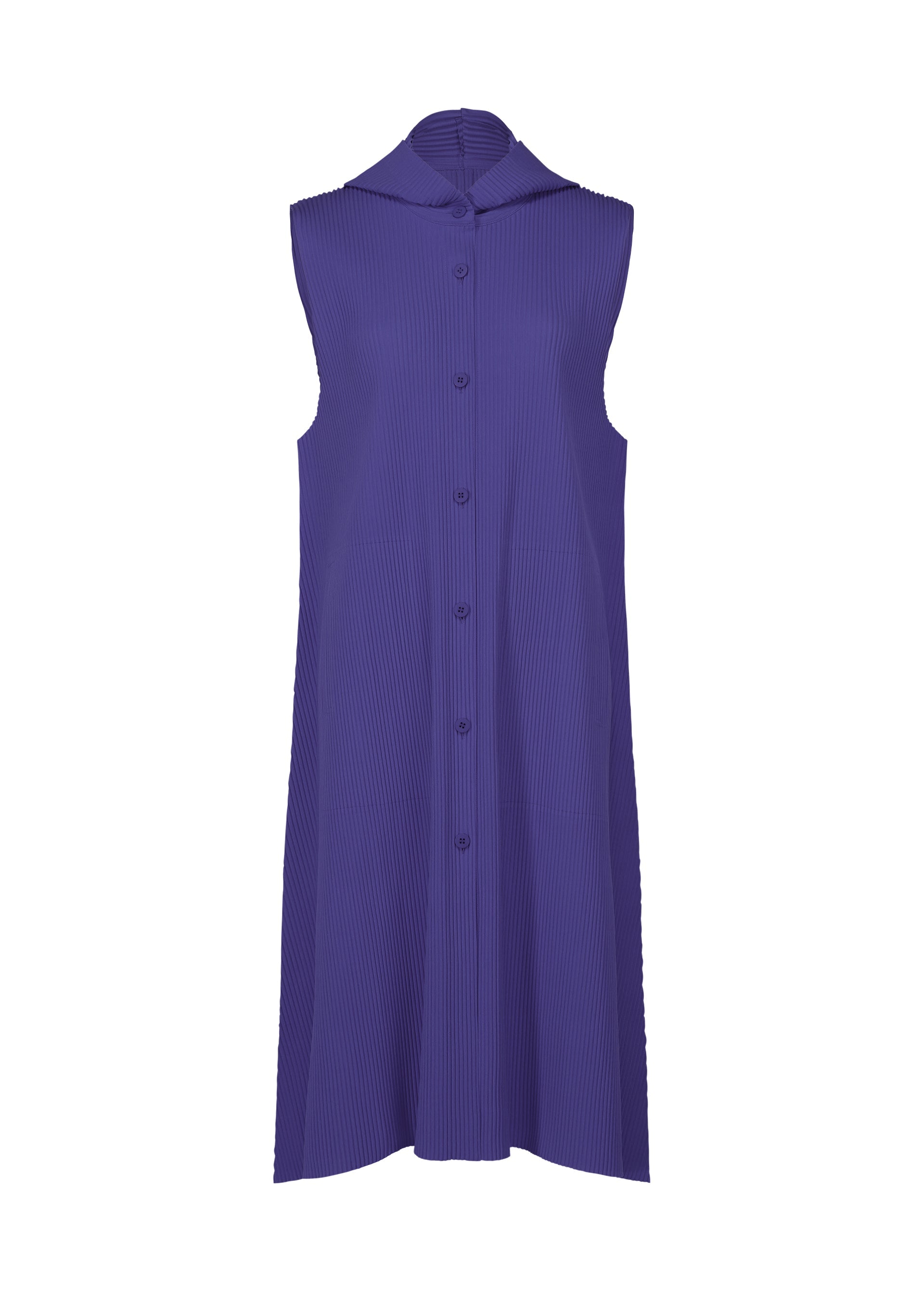 Zoomed view The FLARE PLEATS by me ISSEY MIYAKE is a sleeveless, knee-length purple dress with a pointed collar, front buttons, and fine knit pleats. It features a loose A-line fit and has no visible patterns or embellishments. - COBALT BLUE （no.74）