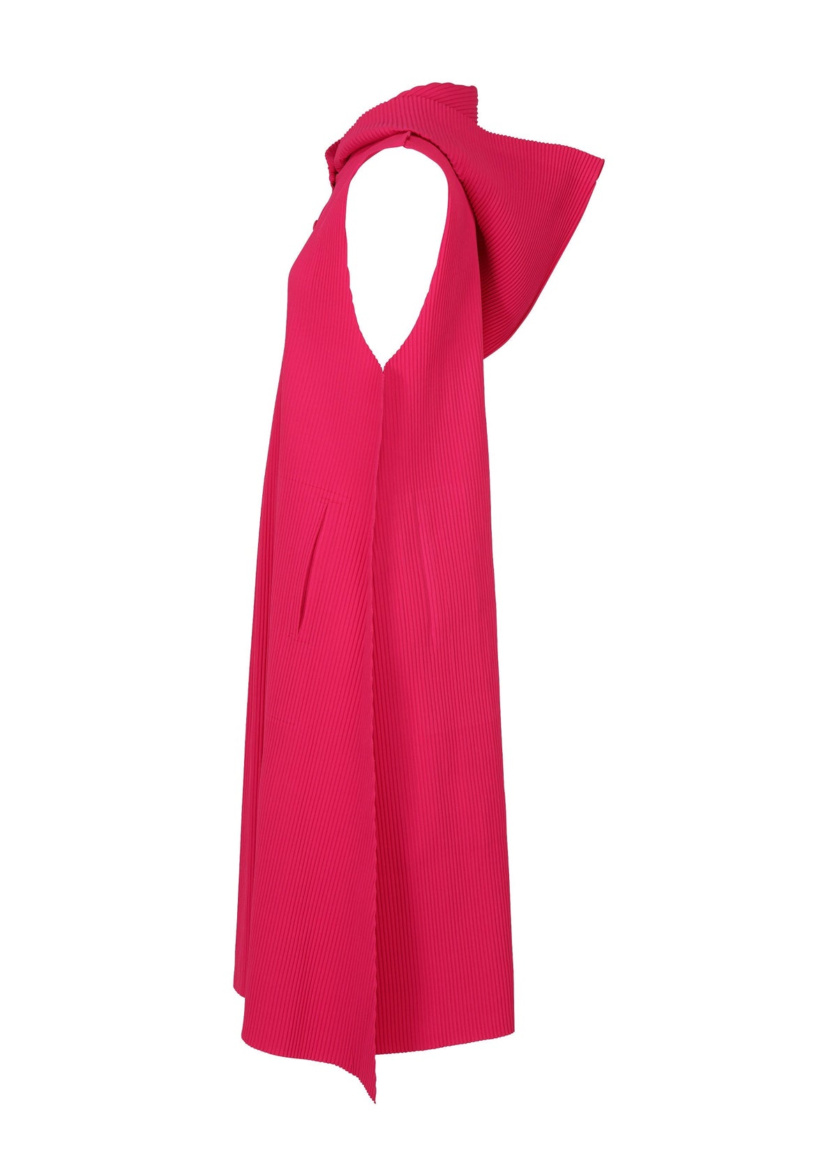 The FLARE PLEATS sleeveless bright pink knit vest dress by me ISSEY MIYAKE features pleats and a large sculptural collar, shown in profile against a white background. view 5 of 8
