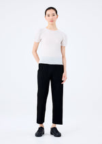 A person stands facing forward against a white background, wearing a short-sleeve white fitted top and the me ISSEY MIYAKE FINE KNIT PLEATS BLACK pants; hair pulled back, right hand at their side, left hand lightly touching their thigh.