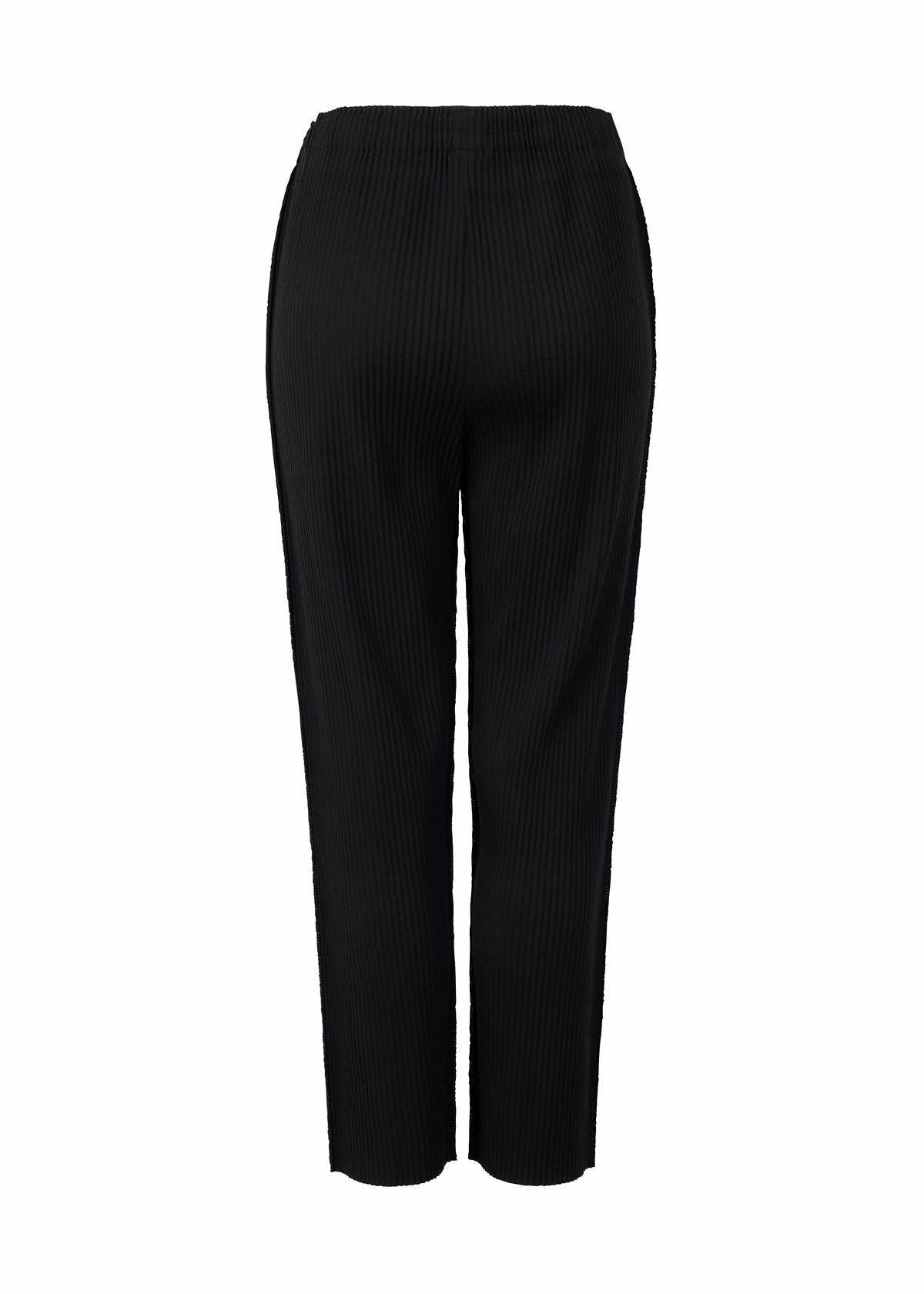The FINE KNIT PLEATS BLACK pants by me ISSEY MIYAKE are black, high-waisted, ankle-length straight pants with a ribbed texture and fine knit pleats, shown from the back on a white background. view 2 of 5