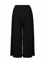 The FINE KNIT PLEATS BLACK pants by me ISSEY MIYAKE feature wide-leg, black pleated knit design with an elastic waistband and textured fabric for a loose, ankle-length fit.