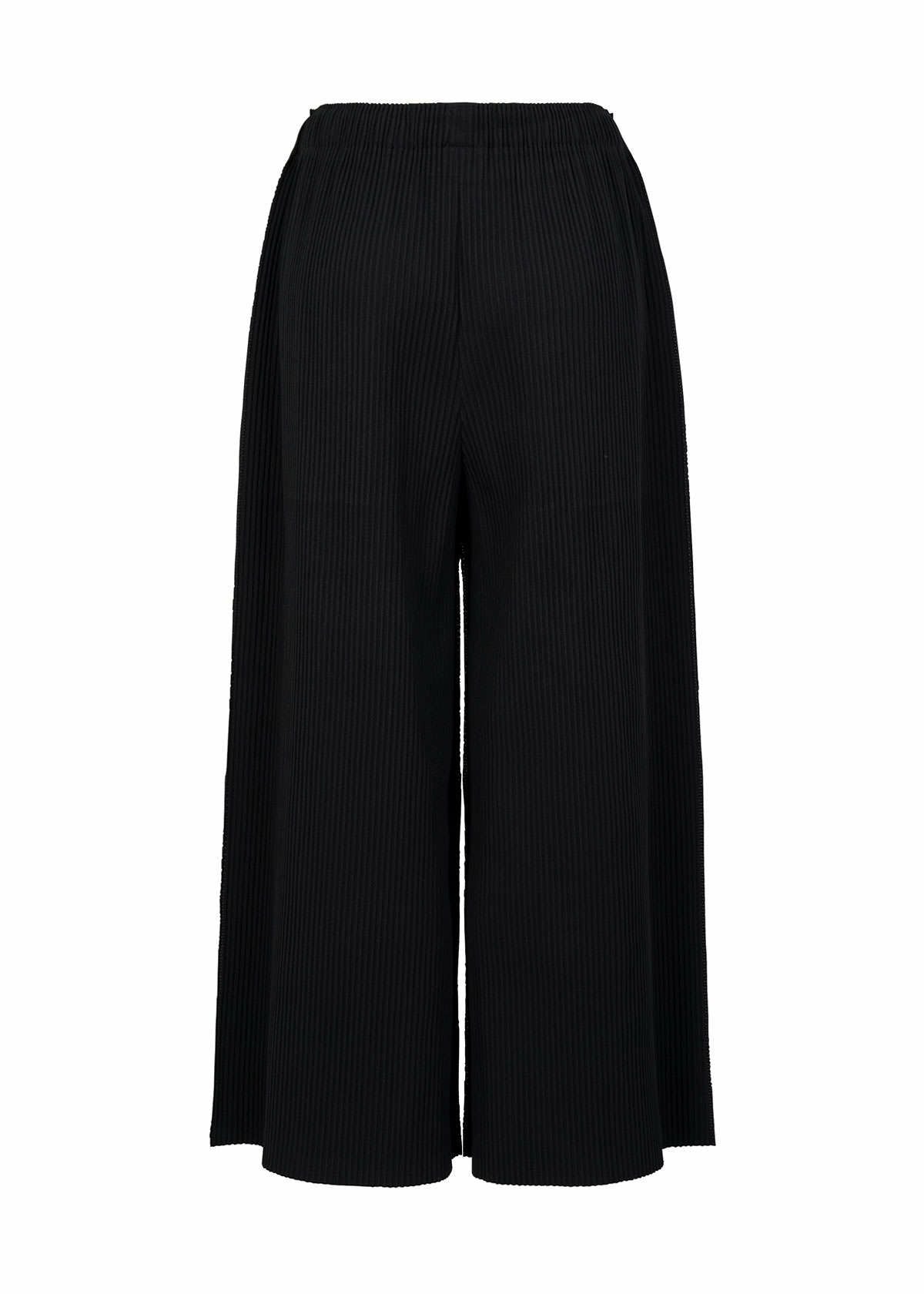Zoomed view The FINE KNIT PLEATS BLACK pants by me ISSEY MIYAKE feature wide-leg, black pleated knit design with an elastic waistband and textured fabric for a loose, ankle-length fit.