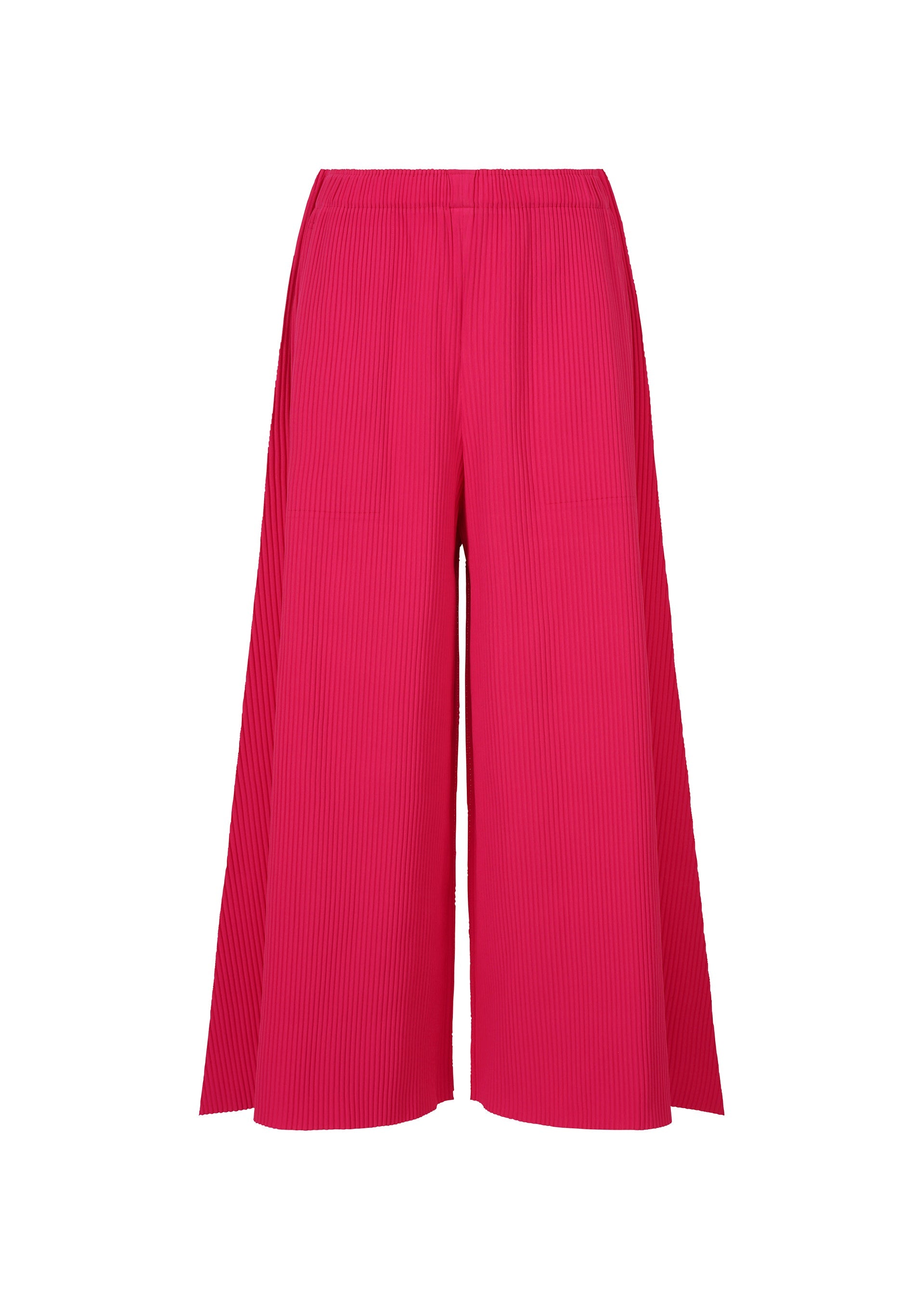 Zoomed view The FLARE PLEATS by me ISSEY MIYAKE are bright pink, wide-leg pants with fine knit pleats and a high-waisted, flared silhouette. They feature a relaxed fit and ankle-length hem, displayed against a plain white background. - RASPBERRY （no.23）