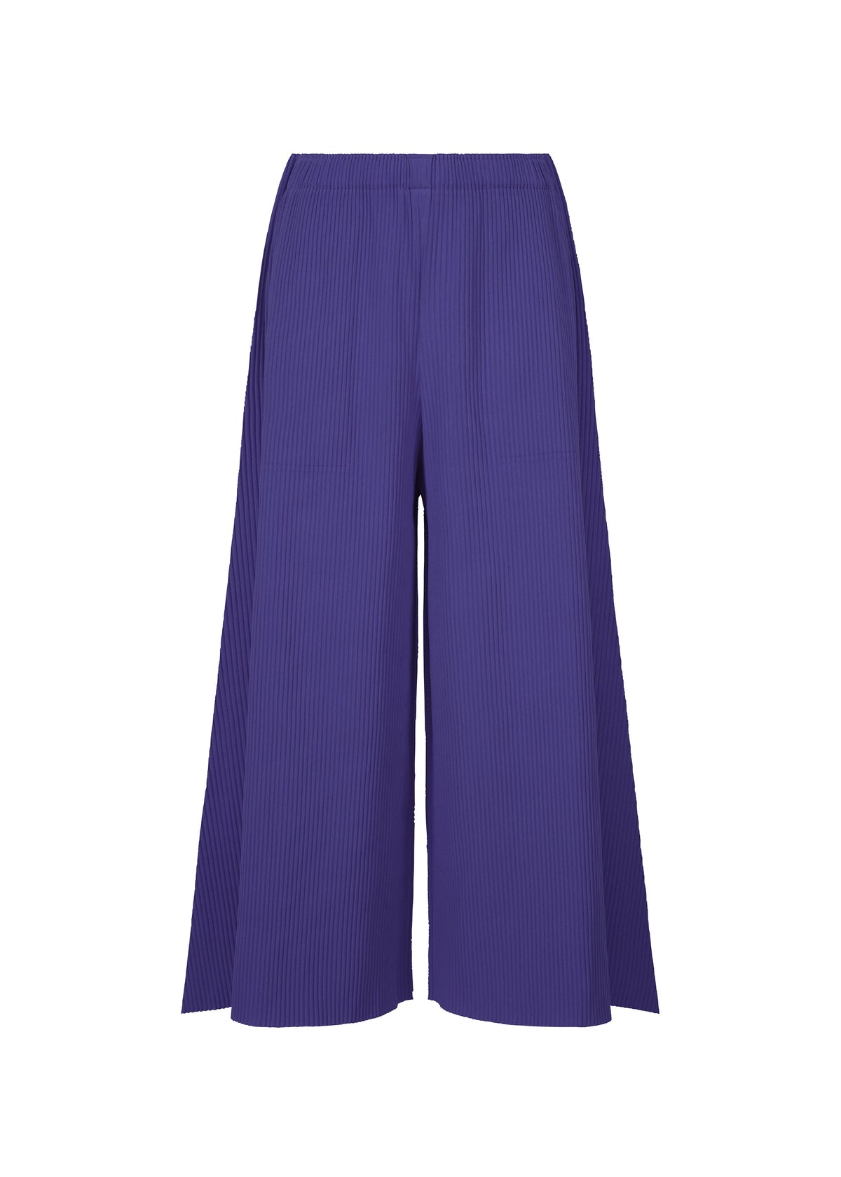 The FLARE PLEATS by me ISSEY MIYAKE are high-waisted, wide-leg purple pants with a pleated texture and flared silhouette, shown from the front on a white background. view 3 of 8