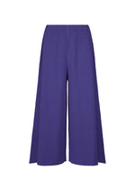 The FLARE PLEATS by me ISSEY MIYAKE are high-waisted, wide-leg purple pants with a pleated texture and flared silhouette, shown from the front on a white background. - COBALT BLUE （no.74）