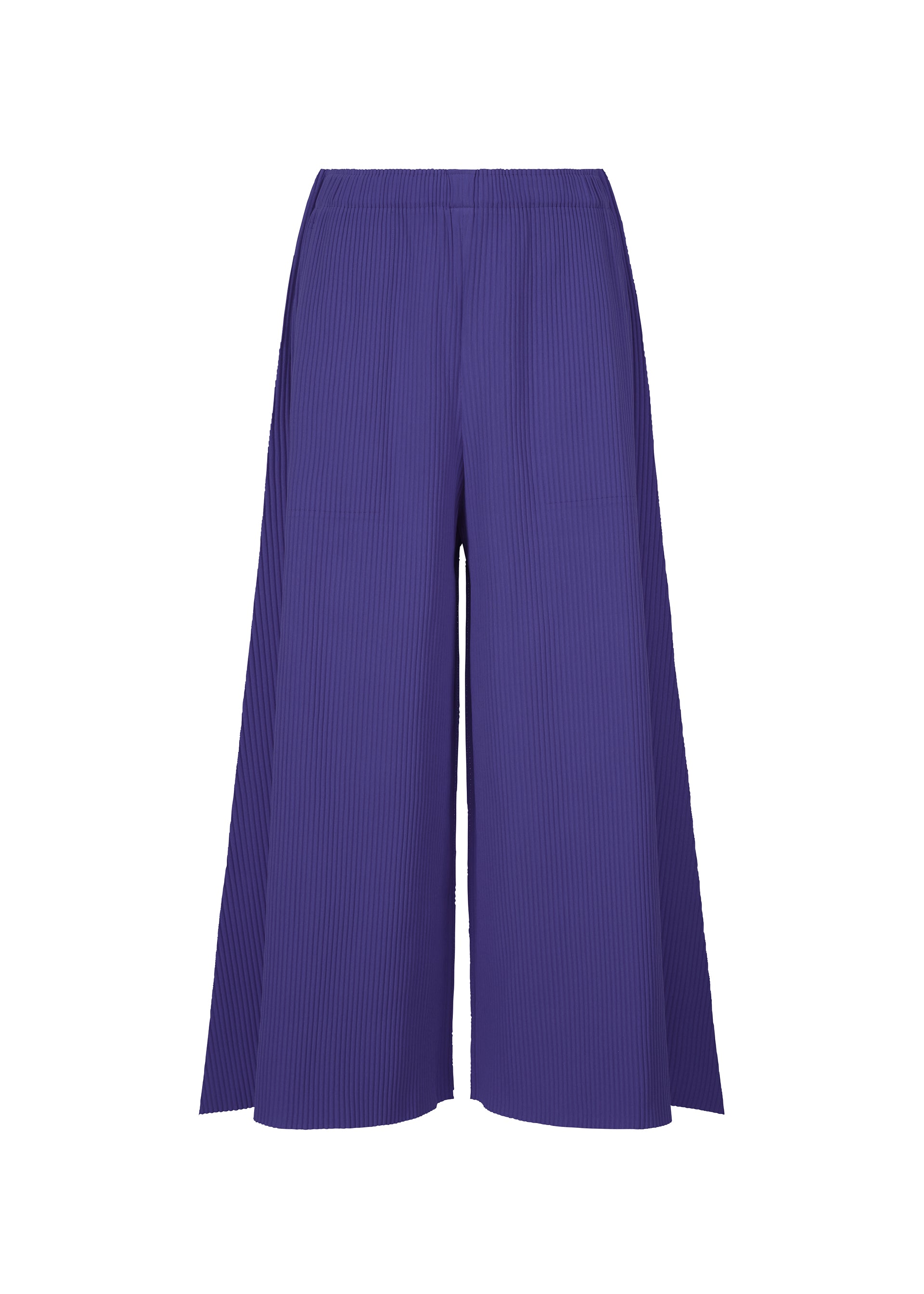 Zoomed view The FLARE PLEATS by me ISSEY MIYAKE are high-waisted, wide-leg purple pants with a pleated texture and flared silhouette, shown from the front on a white background. - COBALT BLUE （no.74）