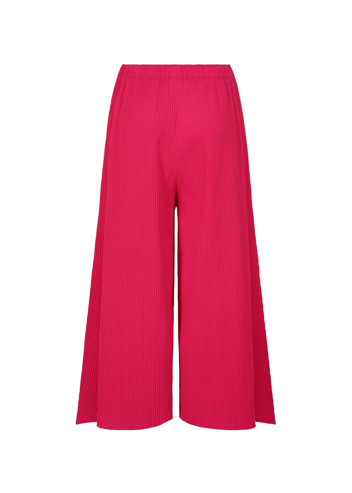 FLARE PLEATS by me ISSEY MIYAKE: bright pink wide-leg culottes with a flared silhouette, elastic waistband, and fine knit pleats, shown against a white background. view 4 of 8