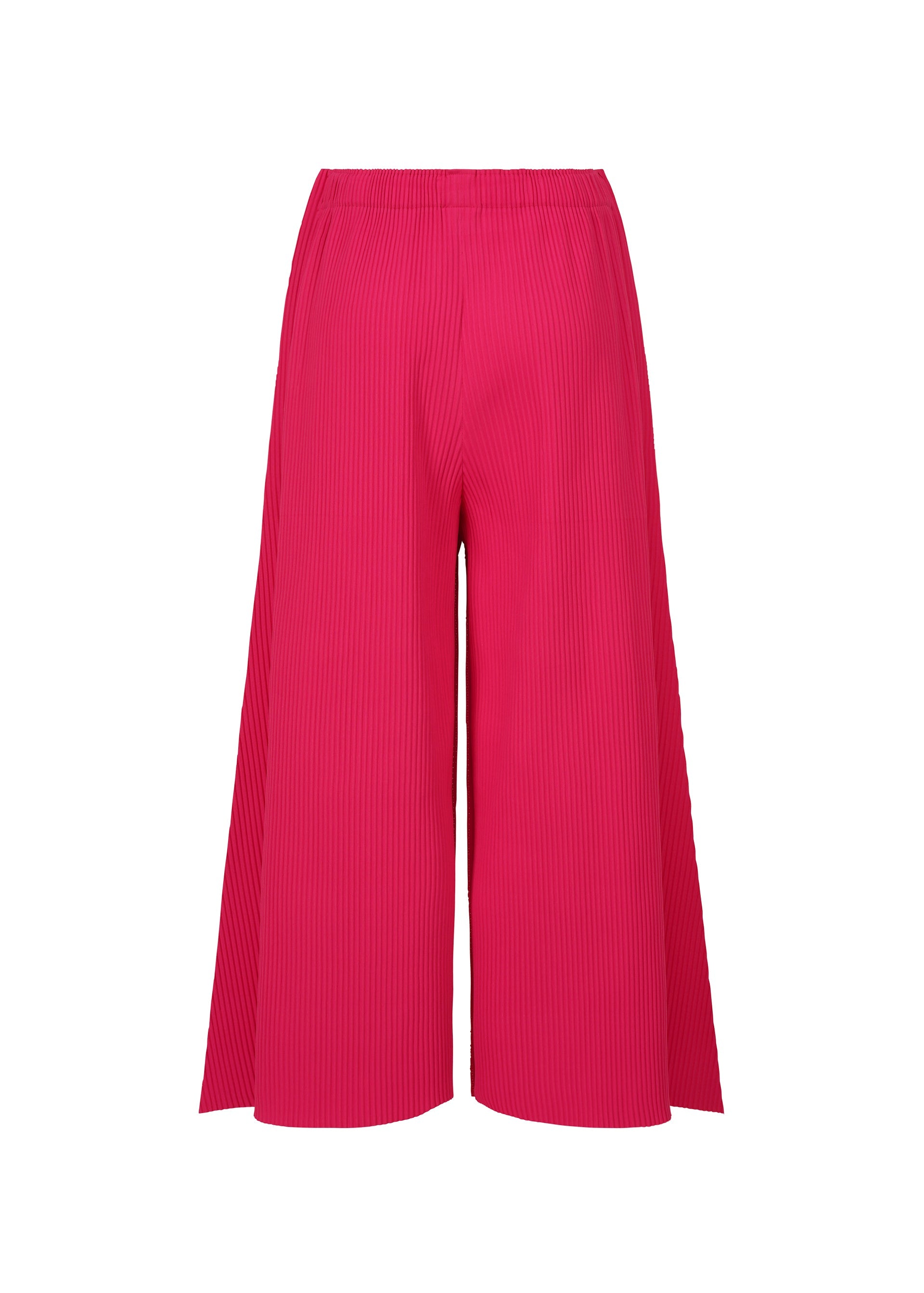 Zoomed view FLARE PLEATS by me ISSEY MIYAKE: bright pink wide-leg culottes with a flared silhouette, elastic waistband, and fine knit pleats, shown against a white background.