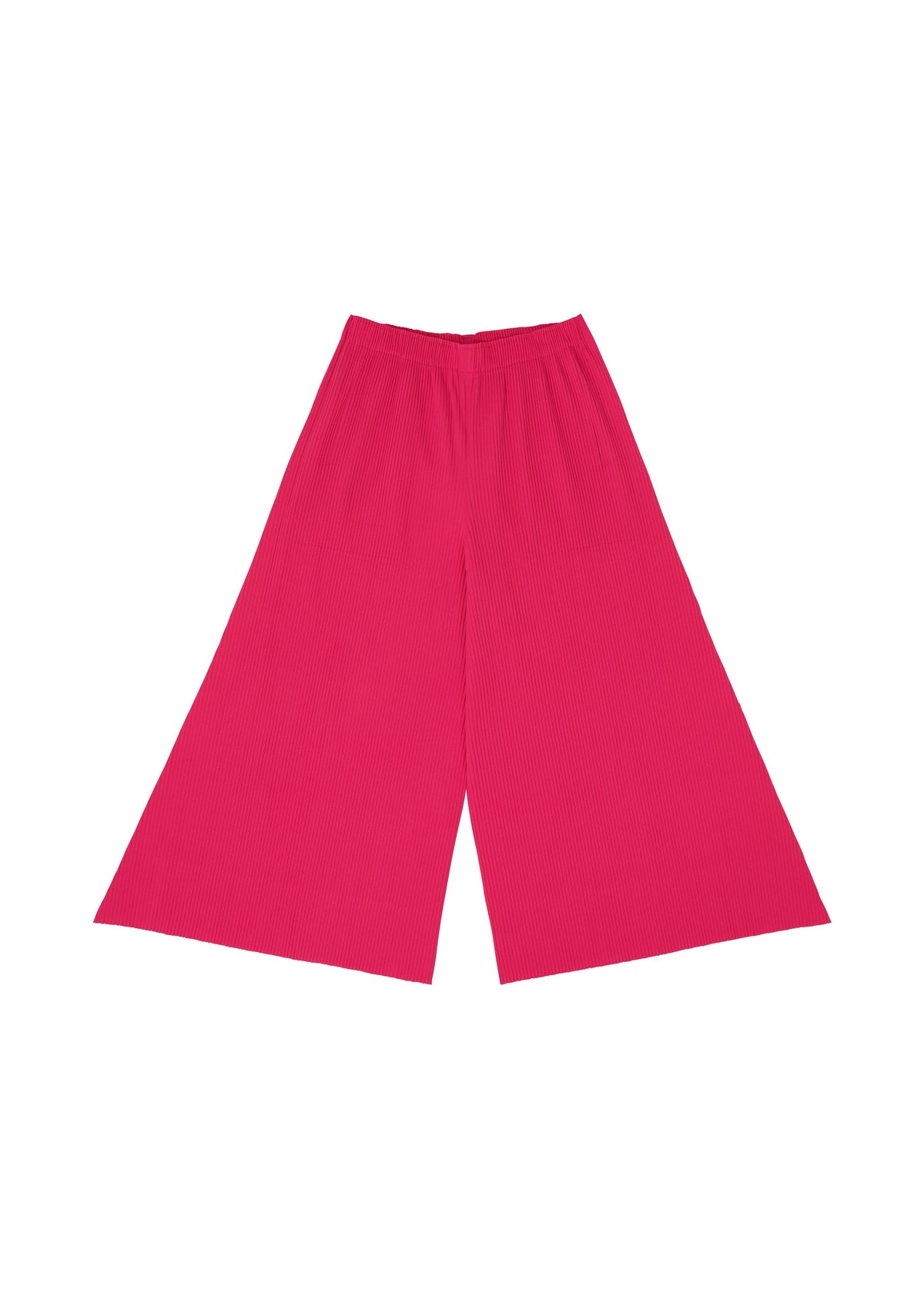 The FLARE PLEATS pants by me ISSEY MIYAKE are high-waisted, wide-leg pink pants with an elastic waistband and flared silhouette, crafted from ribbed fabric and shown flat on a white background. view 5 of 8