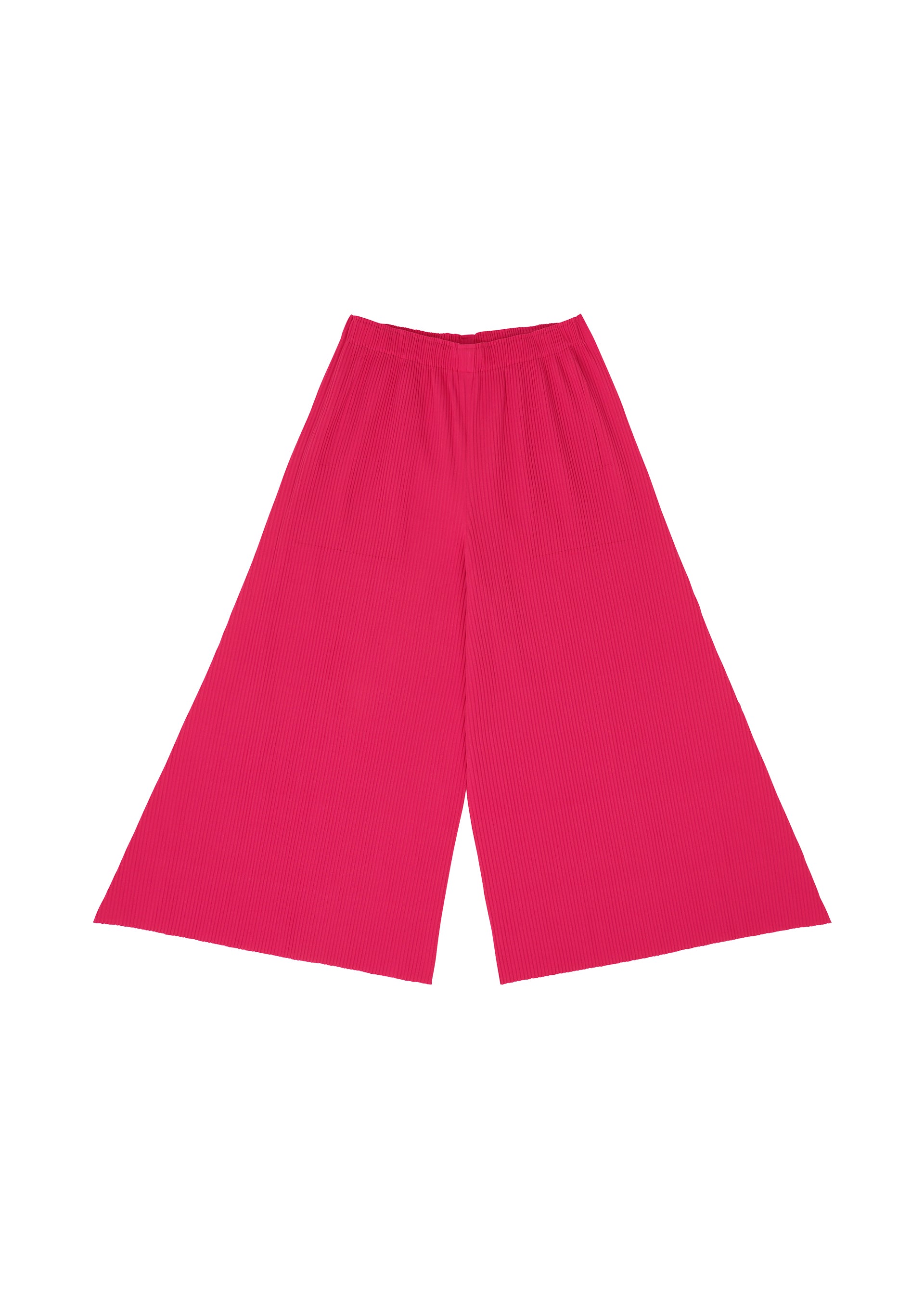 Zoomed view The FLARE PLEATS pants by me ISSEY MIYAKE are high-waisted, wide-leg pink pants with an elastic waistband and flared silhouette, crafted from ribbed fabric and shown flat on a white background.