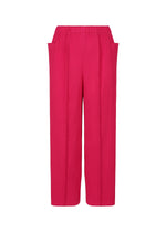 FINE KNIT PLEATS COLOR 1 by me ISSEY MIYAKE: bright pink, high-waisted straight pants with wide-leg fine knit pleats, elastic waistband, and two side pockets. Lightweight and stylish for everyday wear. Shown on a white background. - RASPBERRY （no.23）