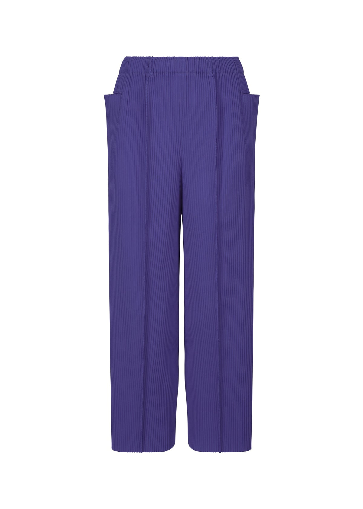 Me ISSEY MIYAKE FINE KNIT PLEATS COLOR 1: Purple wide-leg pants featuring fine knit pleats, an elastic waistband, and side pockets, shown on a white background. view 3 of 8
