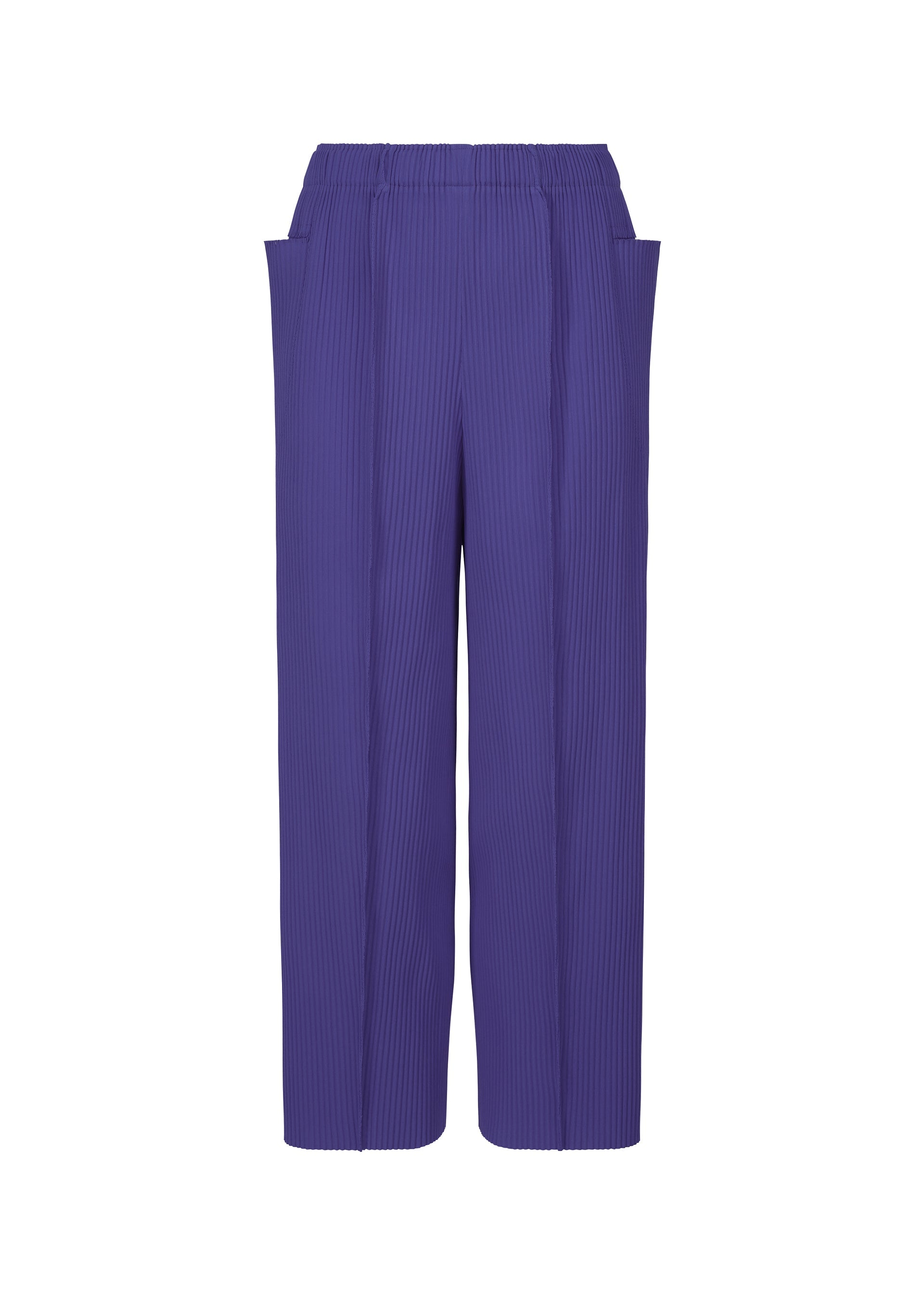 Zoomed view Me ISSEY MIYAKE FINE KNIT PLEATS COLOR 1: Purple wide-leg pants featuring fine knit pleats, an elastic waistband, and side pockets, shown on a white background. - COBALT BLUE （no.74）