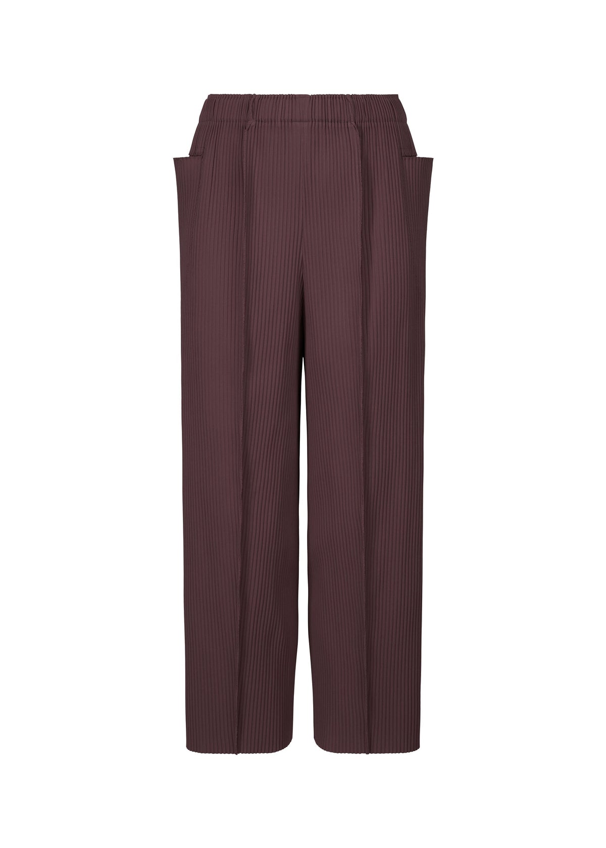 The FINE KNIT PLEATS COLOR 1 pants by me ISSEY MIYAKE feature a wide-leg, high-waisted fit in deep brown with pinstripes, elastic waistband, and side pockets. Made from lightweight fabric and shown on a plain white background. view 4 of 8