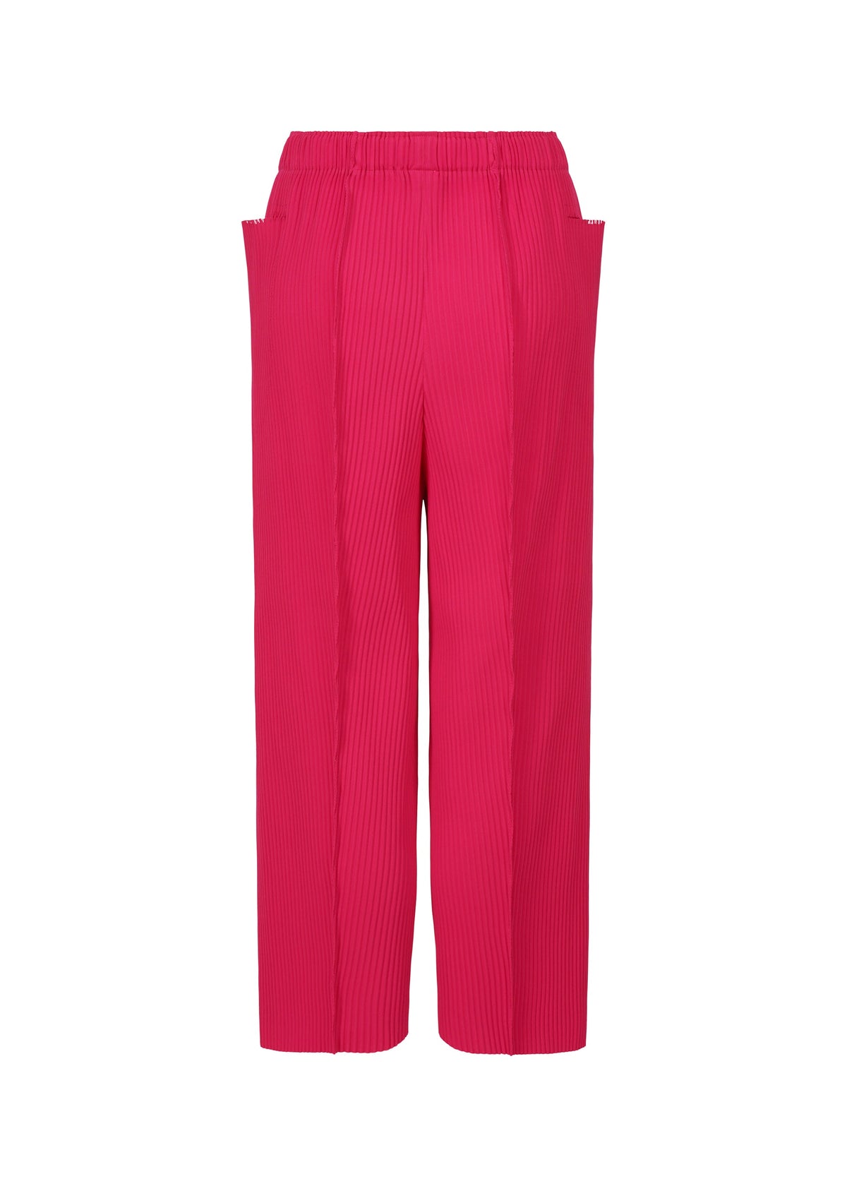 The FINE KNIT PLEATS COLOR 1 pants by me ISSEY MIYAKE feature a bright pink hue, straight-leg cut, subtle vertical texture, fine knit pleats, and an elastic waistband. Shown on a plain white background; lightweight for all-day comfort. view 5 of 8