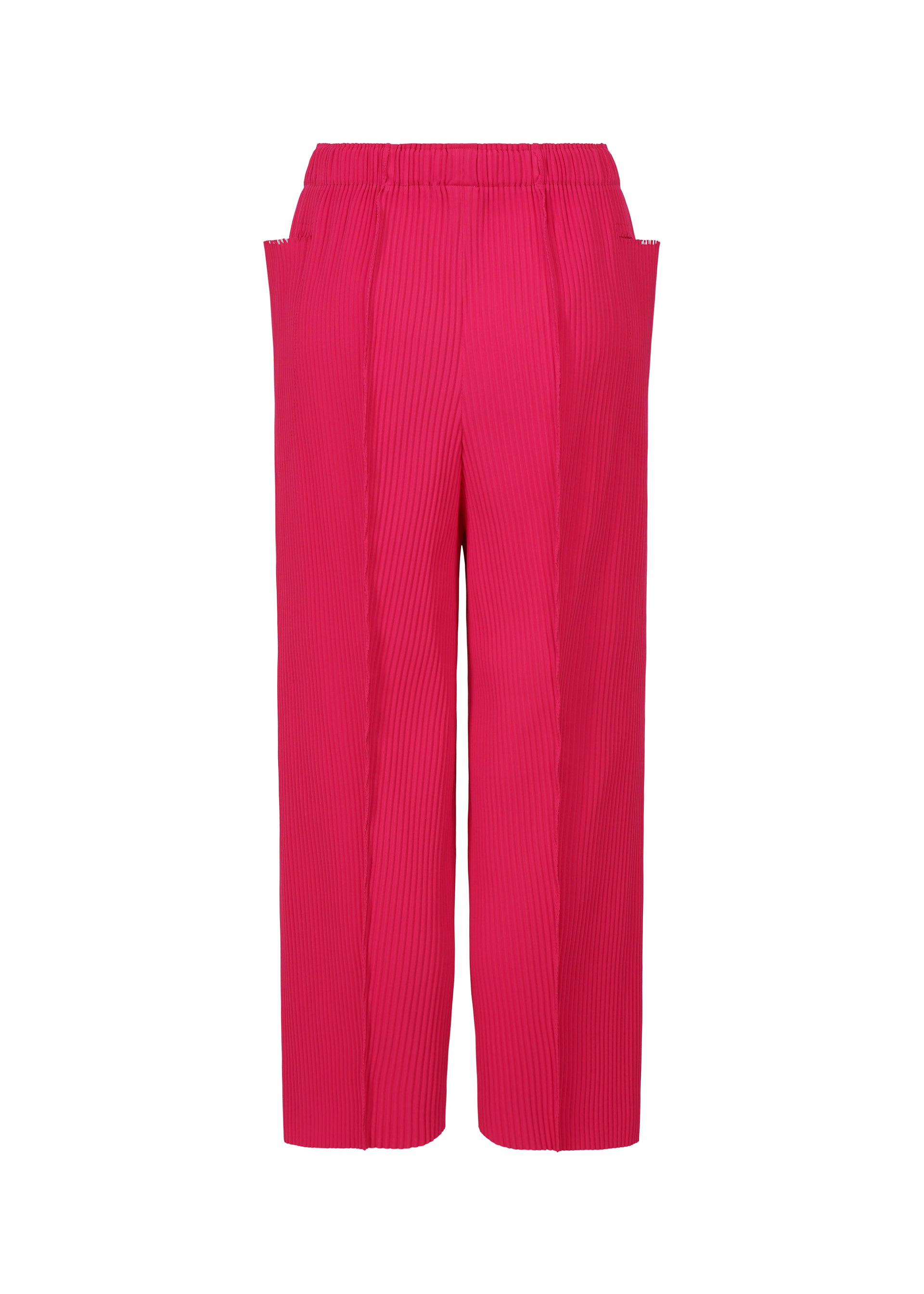 Zoomed view The FINE KNIT PLEATS COLOR 1 pants by me ISSEY MIYAKE feature a bright pink hue, straight-leg cut, subtle vertical texture, fine knit pleats, and an elastic waistband. Shown on a plain white background; lightweight for all-day comfort.