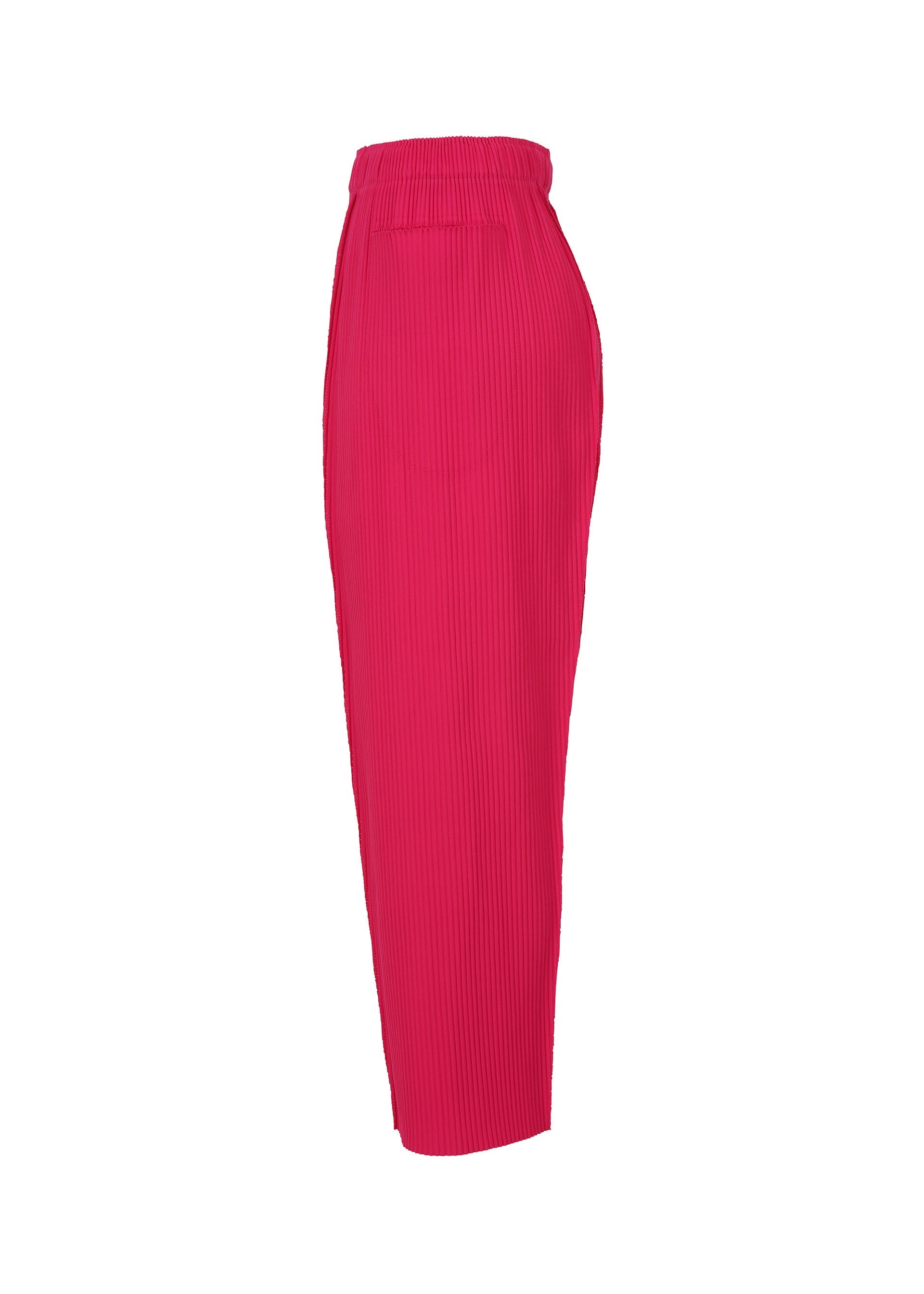 Zoomed view Side view of FINE KNIT PLEATS COLOR 1 high-waisted straight pants by me ISSEY MIYAKE in bright pink, featuring fine knit pleats and ankle-length cut, photographed on a white background.