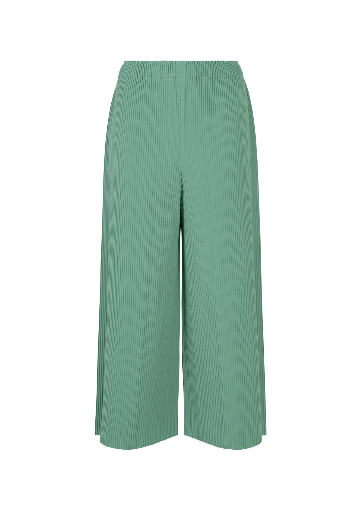 The FINE KNIT PLEATS BOTTOM 1 by me ISSEY MIYAKE features wide-leg green pants with fine knit pleats and an elastic waistband, made from lightweight knit, displayed on a plain white background. view 2 of 7