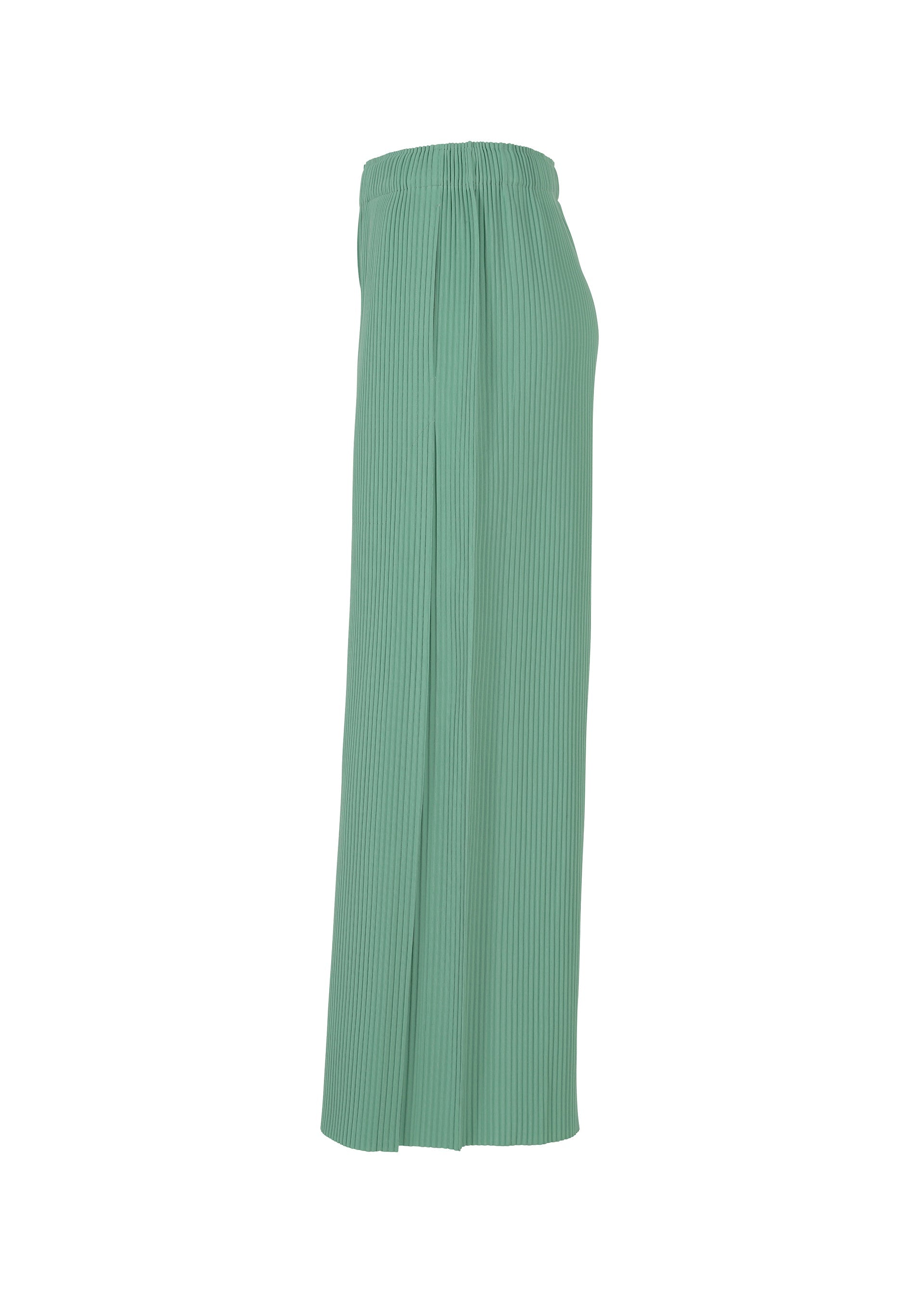 Zoomed view The FINE KNIT PLEATS BOTTOM 1 by me ISSEY MIYAKE is a long, high-waisted mint green skirt with fine knit pleats and an elastic waistband, shown side view on a white background.