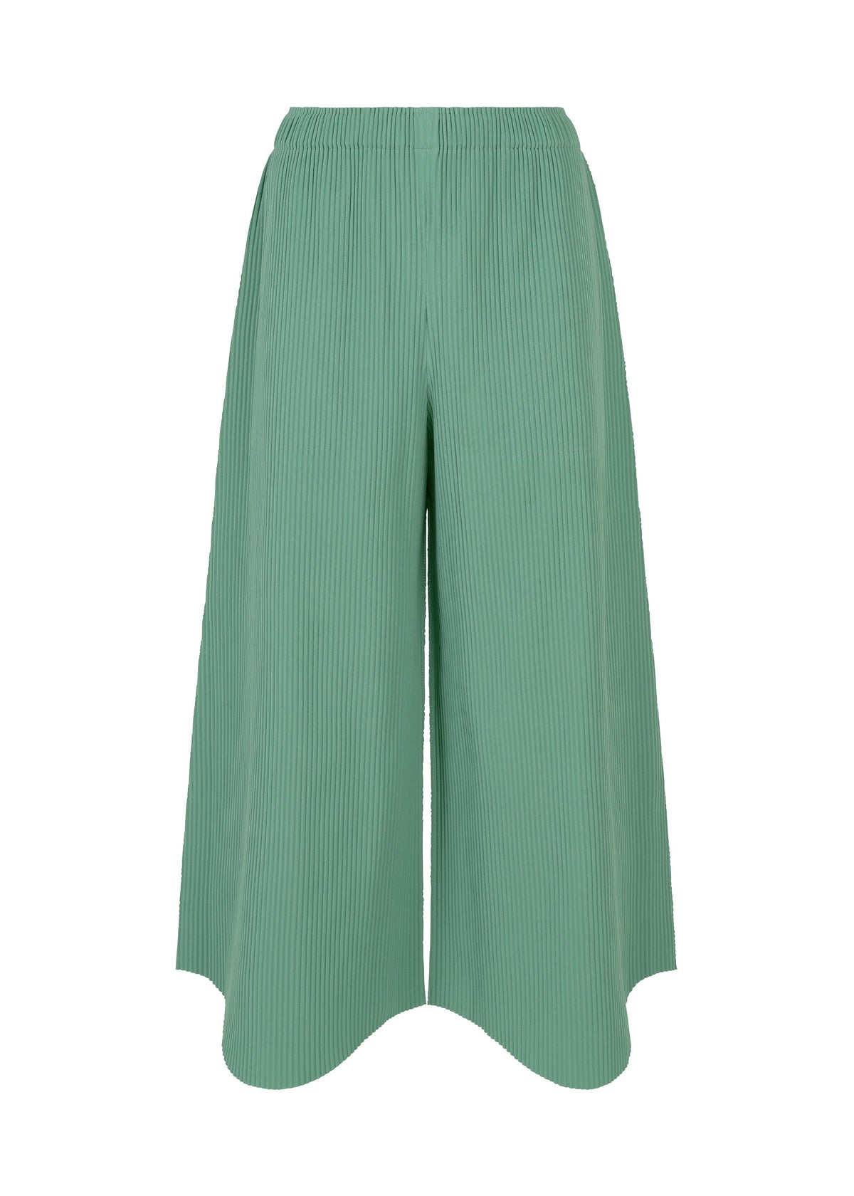 The FINE KNIT PLEATS BOTTOM 1 by me ISSEY MIYAKE features light green wide-leg culotte pants with fine knit pleats, an elastic waistband, flowy relaxed fit, draped silhouette, slightly flared hem, and ribbed textured fabric. view 2 of 6