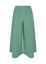 The FINE KNIT PLEATS BOTTOM 1 by me ISSEY MIYAKE features light green wide-leg culotte pants with fine knit pleats, an elastic waistband, flowy relaxed fit, draped silhouette, slightly flared hem, and ribbed textured fabric. - SAGE GREEN （no.61）