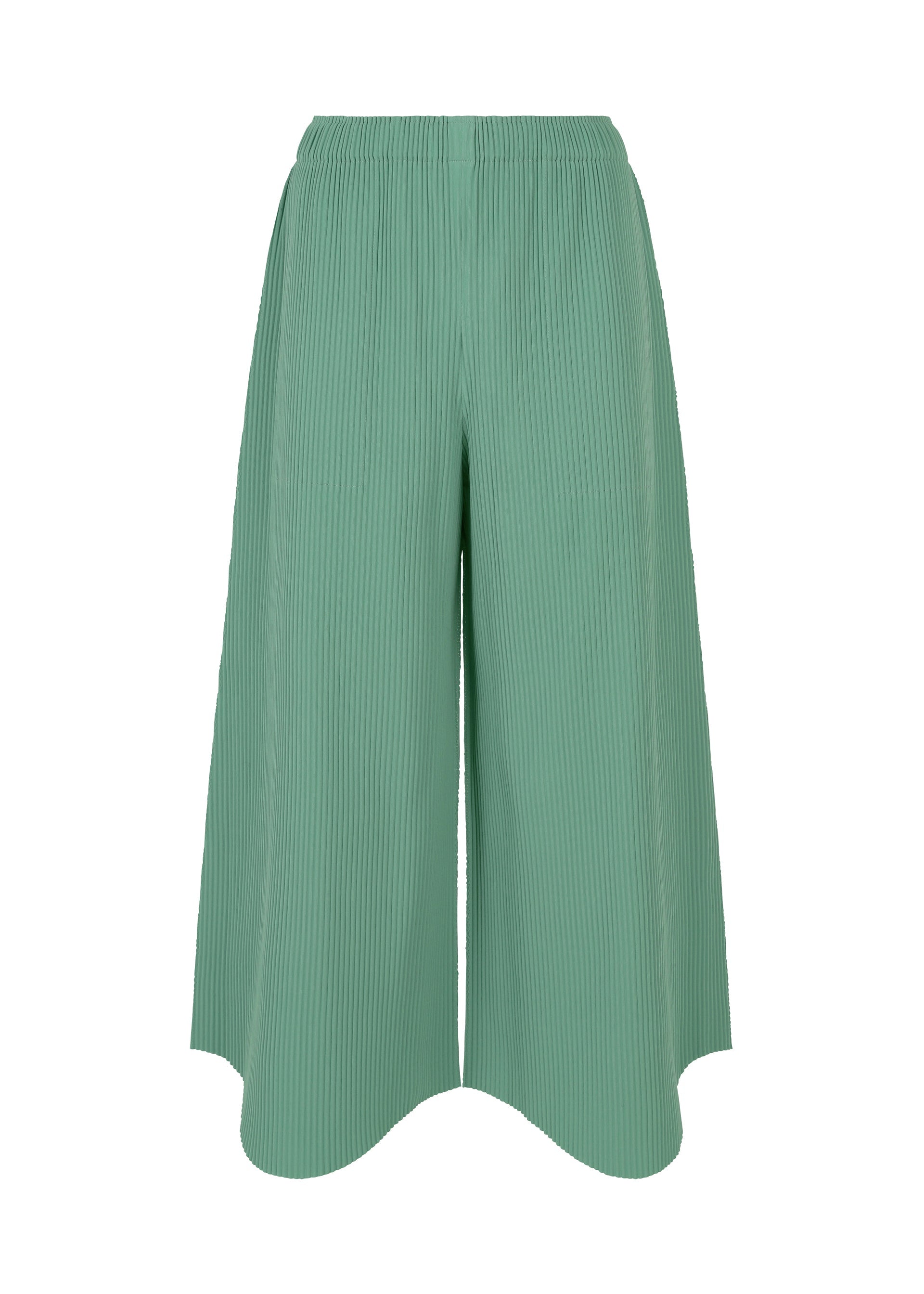 Zoomed view The FINE KNIT PLEATS BOTTOM 1 by me ISSEY MIYAKE features light green wide-leg culotte pants with fine knit pleats, an elastic waistband, flowy relaxed fit, draped silhouette, slightly flared hem, and ribbed textured fabric. - SAGE GREEN （no.61）