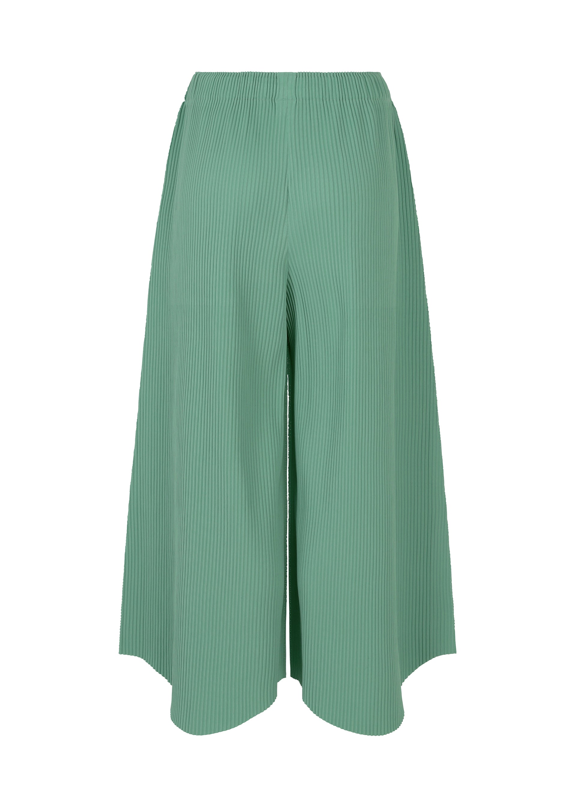 Zoomed view The "FINE KNIT PLEATS BOTTOM 1" by me ISSEY MIYAKE features wide-leg, high-waisted culotte pants in light sage green with a draped, finely pleated silhouette, shown against a white background.