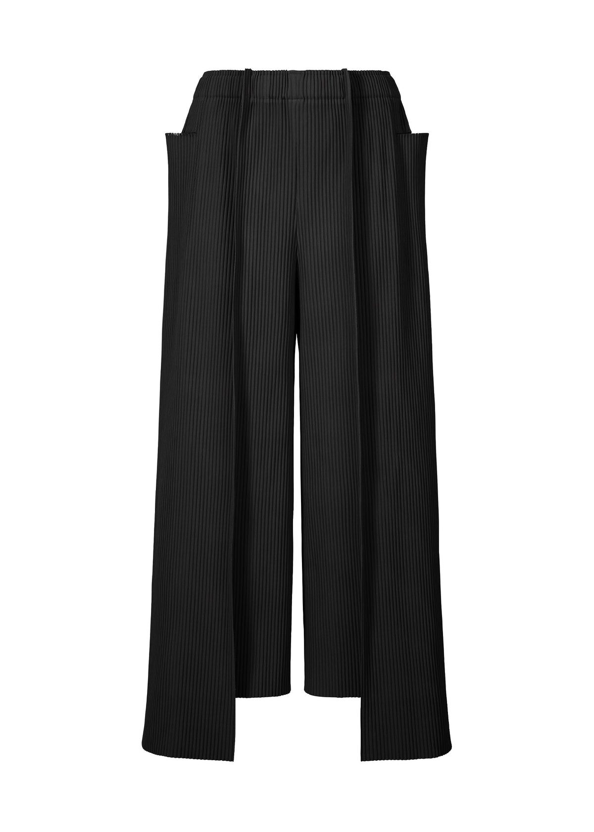 The TRICK PLEATS by me ISSEY MIYAKE are high-waisted, wide-leg black pants with vertical pinstripes, deep side pockets, pleated detailing, and long draped panels from waist to hem in lightweight material. view 1 of 7