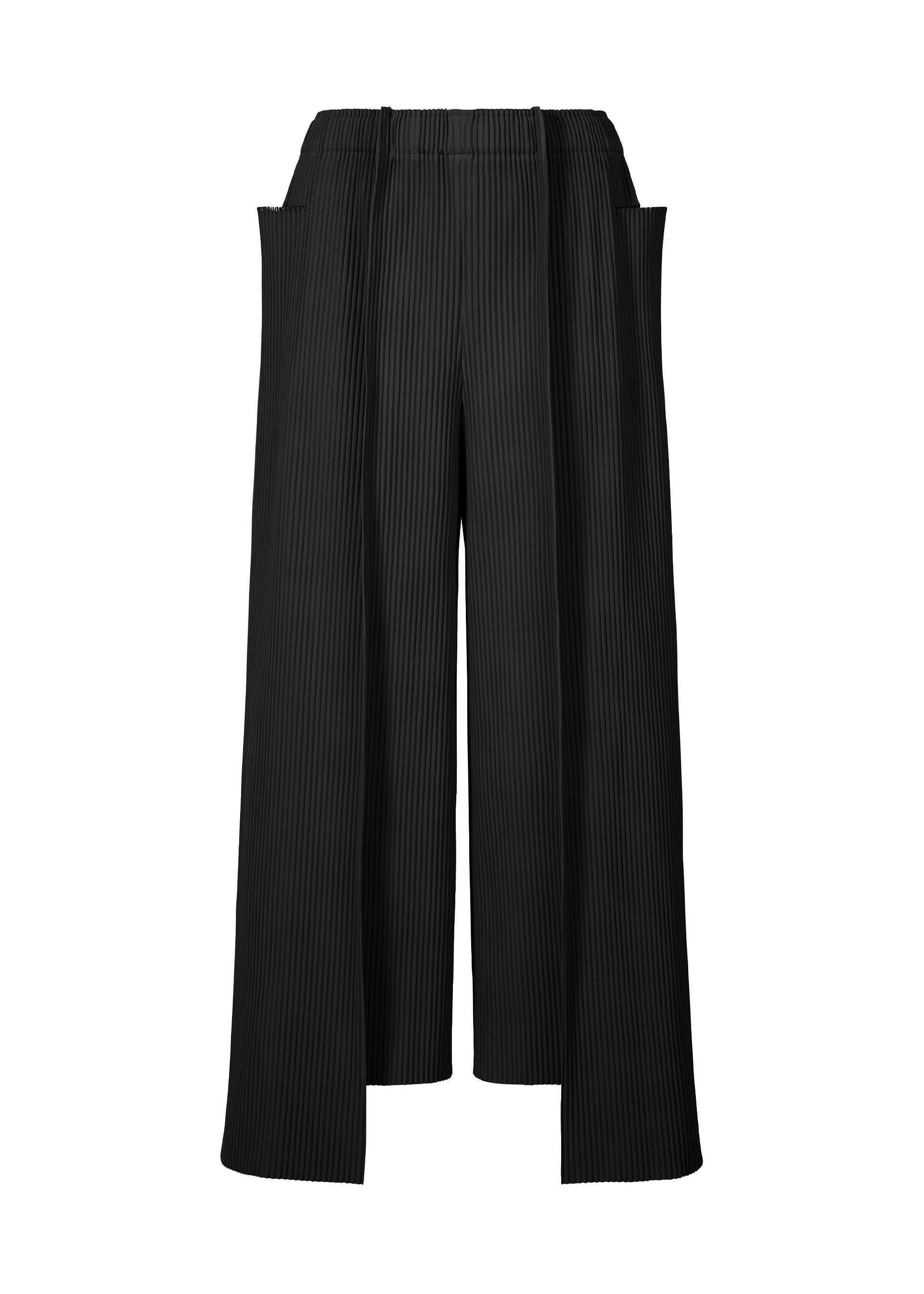 Zoomed view The TRICK PLEATS by me ISSEY MIYAKE are high-waisted, wide-leg black pants with vertical pinstripes, deep side pockets, pleated detailing, and long draped panels from waist to hem in lightweight material. - BLACK (no.15)
