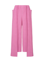 The TRICK PLEATS pants by me ISSEY MIYAKE are pink, wide-leg, high-waisted pleated trousers with vertical stripes, loose panels, and visible side pockets in fine knit, shown against a white background. - ROSE PINK (no.21)
