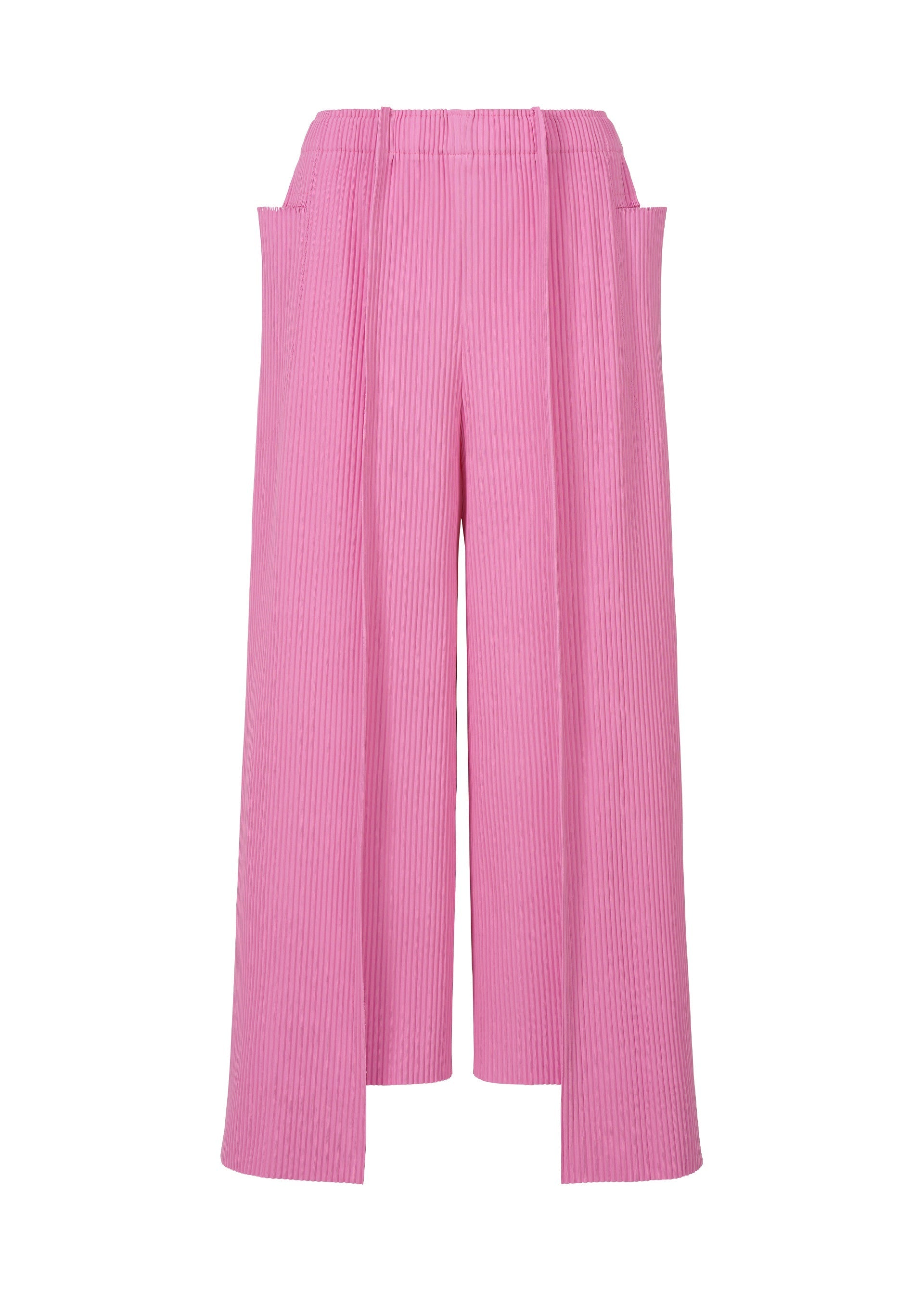 Zoomed view The TRICK PLEATS pants by me ISSEY MIYAKE are pink, wide-leg, high-waisted pleated trousers with vertical stripes, loose panels, and visible side pockets in fine knit, shown against a white background. - ROSE PINK (no.21)