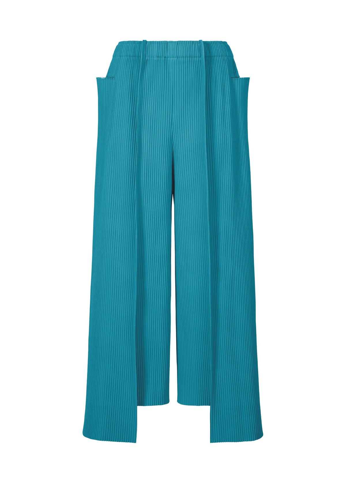 The TRICK PLEATS wide-leg pants by me ISSEY MIYAKE are turquoise, lightweight, pleated knit with vertical lines, elastic waistband, and two side pockets for an airy, flowing look. view 3 of 7