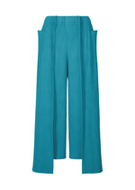 The TRICK PLEATS wide-leg pants by me ISSEY MIYAKE are turquoise, lightweight, pleated knit with vertical lines, elastic waistband, and two side pockets for an airy, flowing look. - TURQUOISE (no.73)
