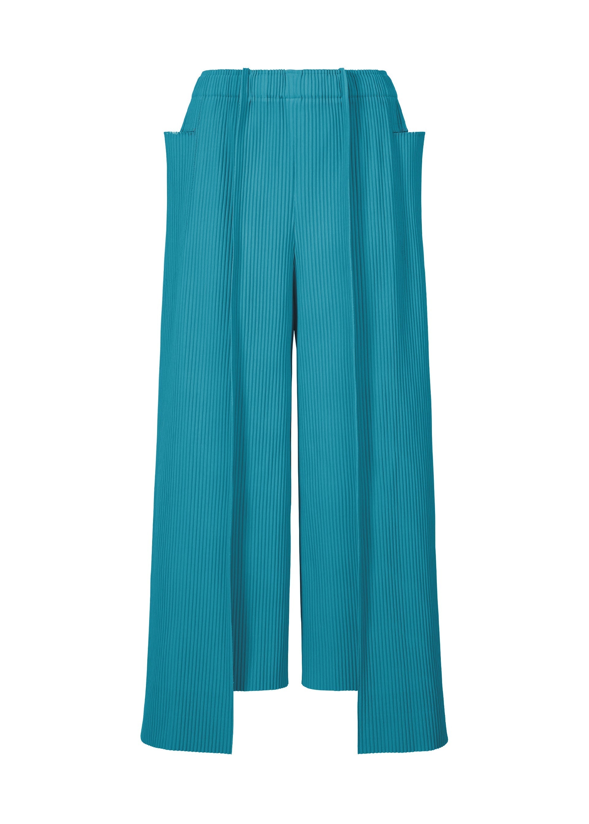 Zoomed view The TRICK PLEATS wide-leg pants by me ISSEY MIYAKE are turquoise, lightweight, pleated knit with vertical lines, elastic waistband, and two side pockets for an airy, flowing look. - TURQUOISE (no.73)