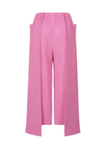TRICK PLEATS by me ISSEY MIYAKE: Wide-leg pink fine knit pleated pants with a high waist and extra-long side panels, creating a modern layered effect.
