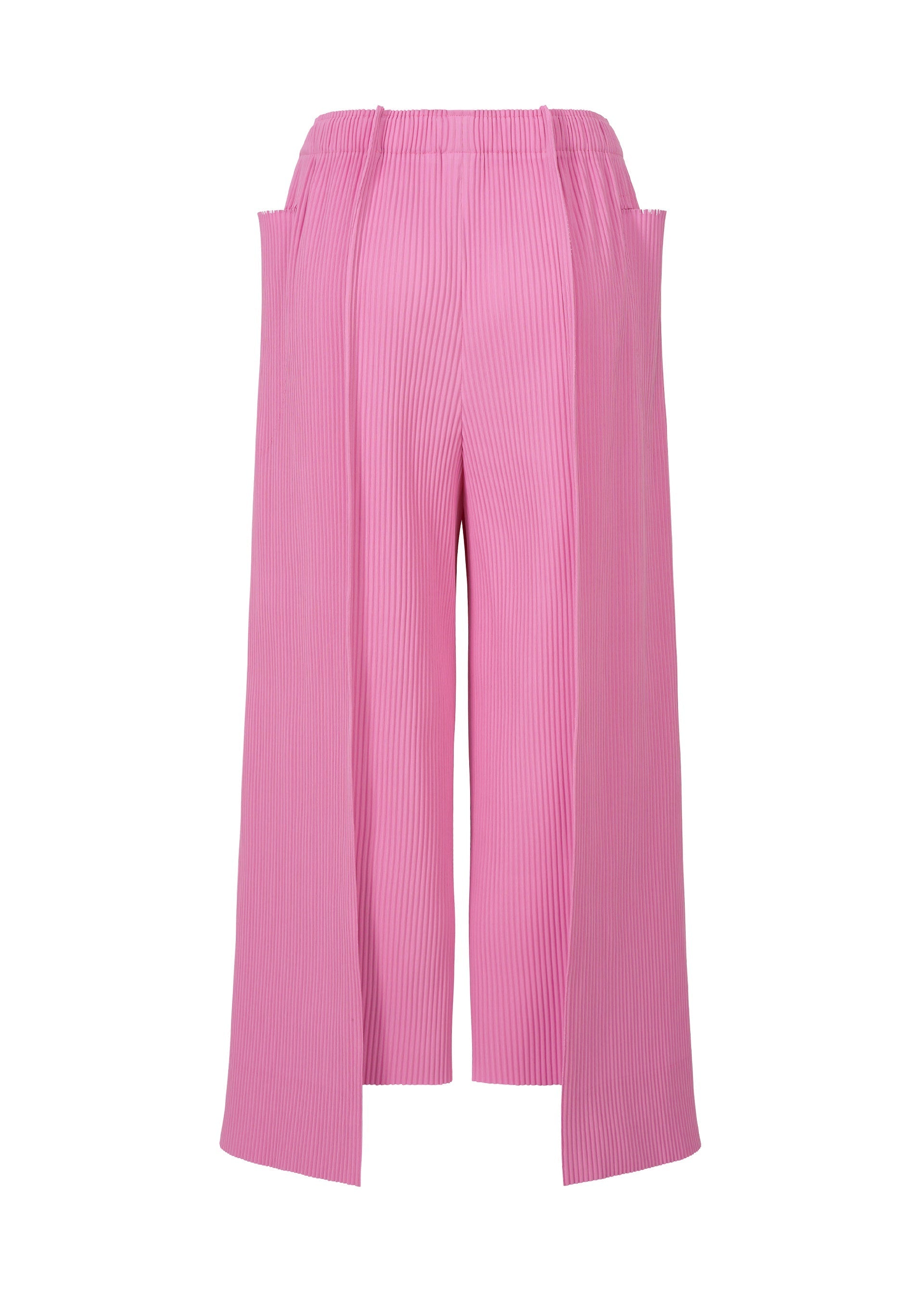 Zoomed view TRICK PLEATS by me ISSEY MIYAKE: Wide-leg pink fine knit pleated pants with a high waist and extra-long side panels, creating a modern layered effect.