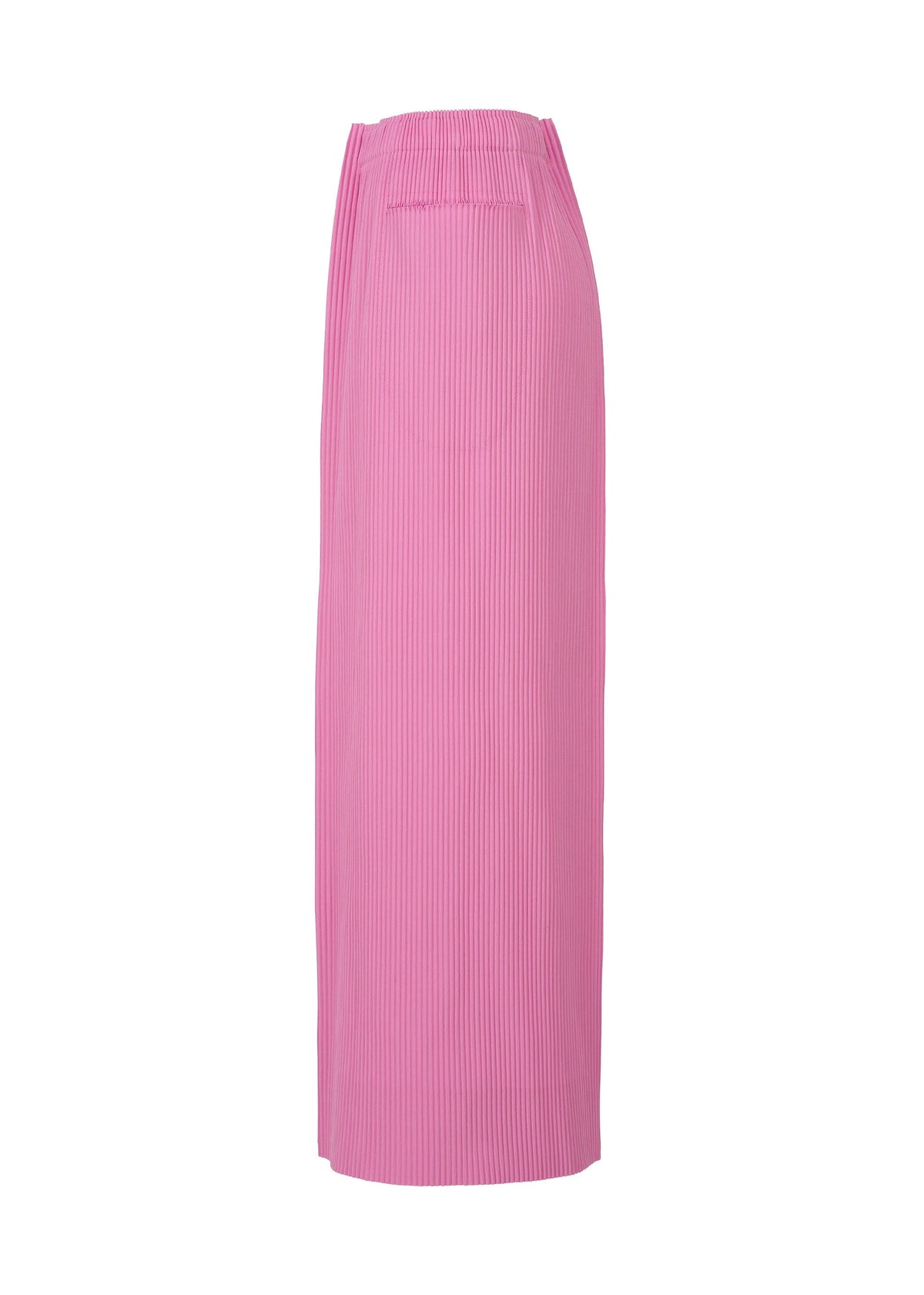 The TRICK PLEATS skirt by me ISSEY MIYAKE is a high-waisted pink piece with fine knit pleats and a straight silhouette, displayed against a white background. view 5 of 7
