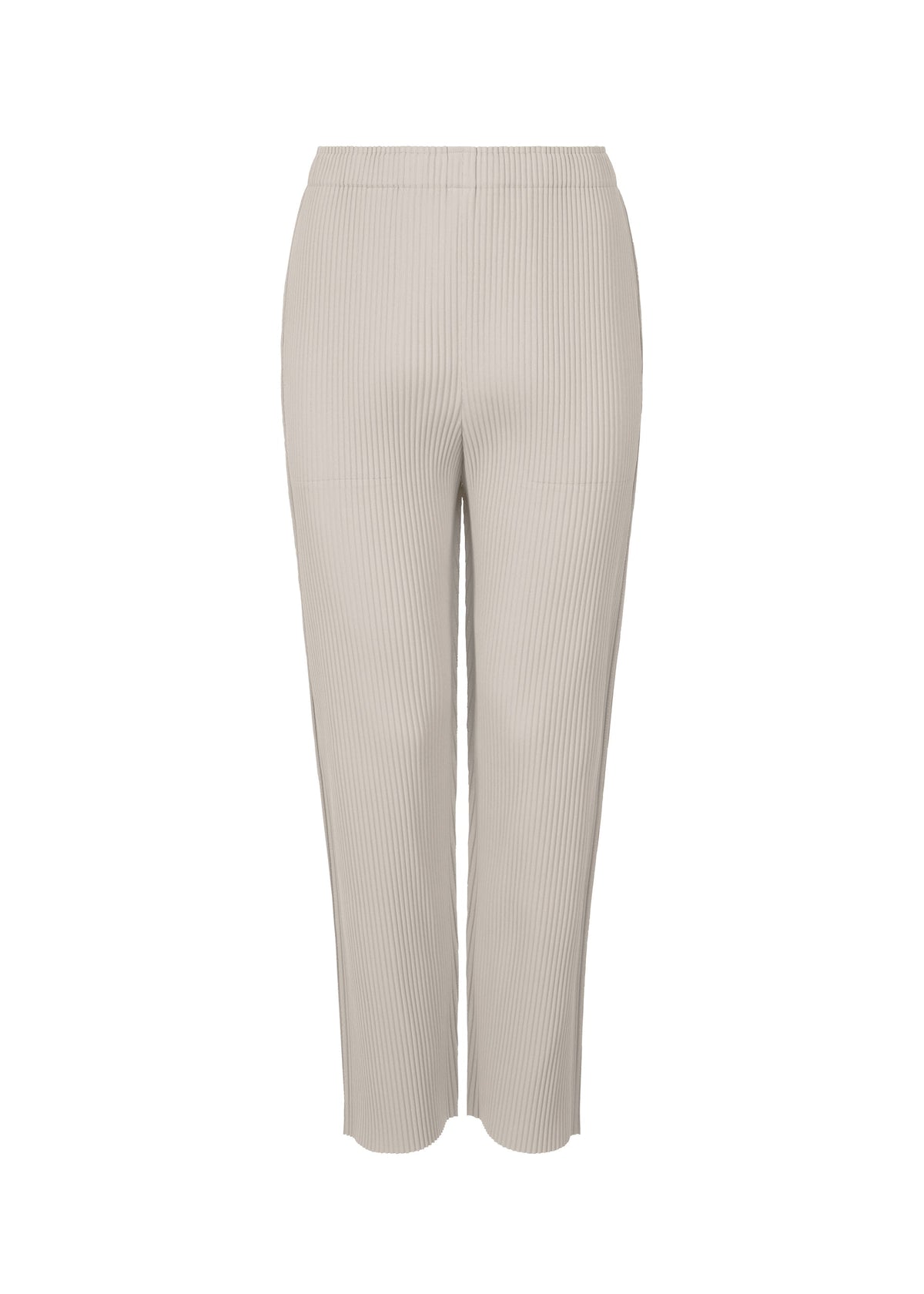 FINE KNIT PLEATS COLOR 2 by me ISSEY MIYAKE: beige lightweight straight pants with fine knit pleats and an elastic waistband, shown against a plain white background. view 1 of 7