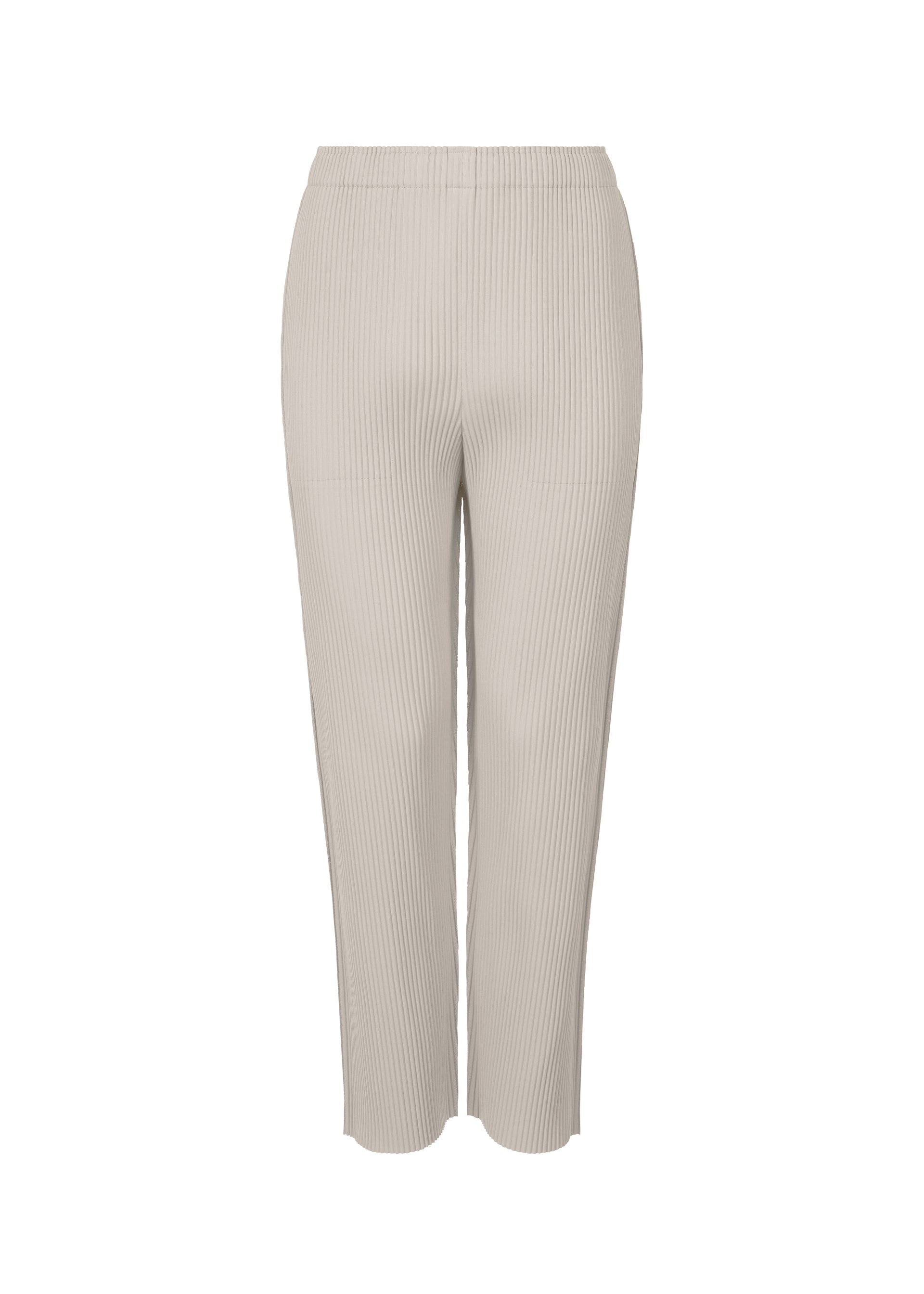 Zoomed view FINE KNIT PLEATS COLOR 2 by me ISSEY MIYAKE: beige lightweight straight pants with fine knit pleats and an elastic waistband, shown against a plain white background. - LIGHT GRAY （no.11）