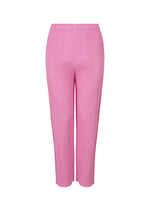 The FINE KNIT PLEATS COLOR 2 by me ISSEY MIYAKE are lightweight pink straight pants with fine knit pleats and an elastic waistband, shown on a white background. - ROSE PINK （no.21）