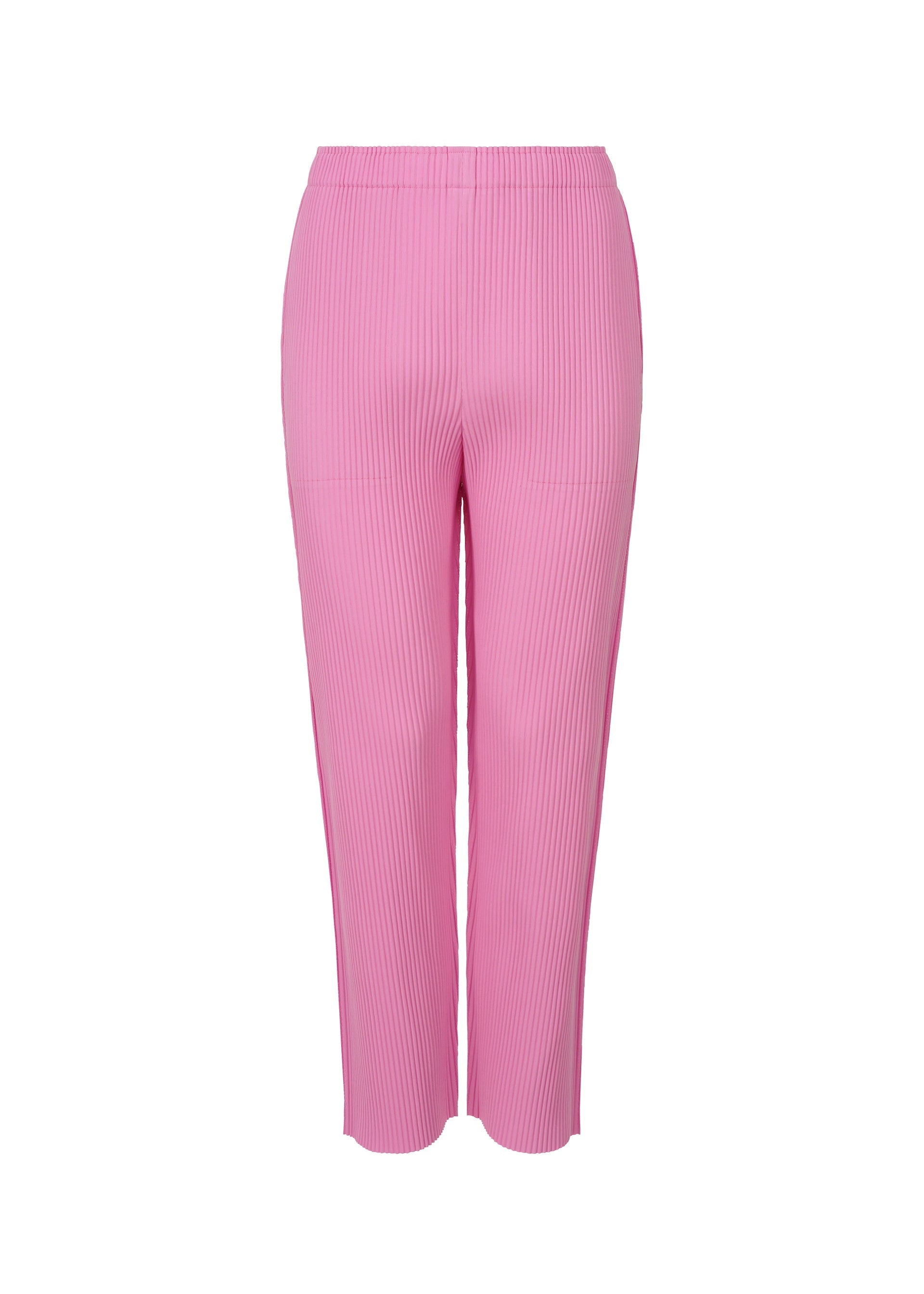 Zoomed view The FINE KNIT PLEATS COLOR 2 by me ISSEY MIYAKE are lightweight pink straight pants with fine knit pleats and an elastic waistband, shown on a white background. - ROSE PINK （no.21）