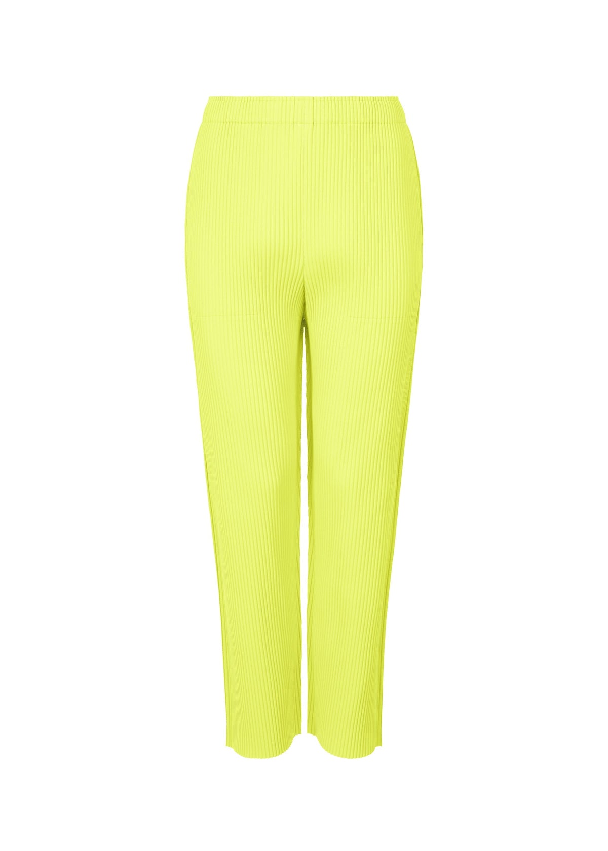 The FINE KNIT PLEATS COLOR 2 pants by me ISSEY MIYAKE are bright yellow, high-waisted, straight-leg with fine knit pleats and a ribbed texture. They feature a lightweight feel, elastic waistband, and a slightly cropped length on a plain white background. view 3 of 7